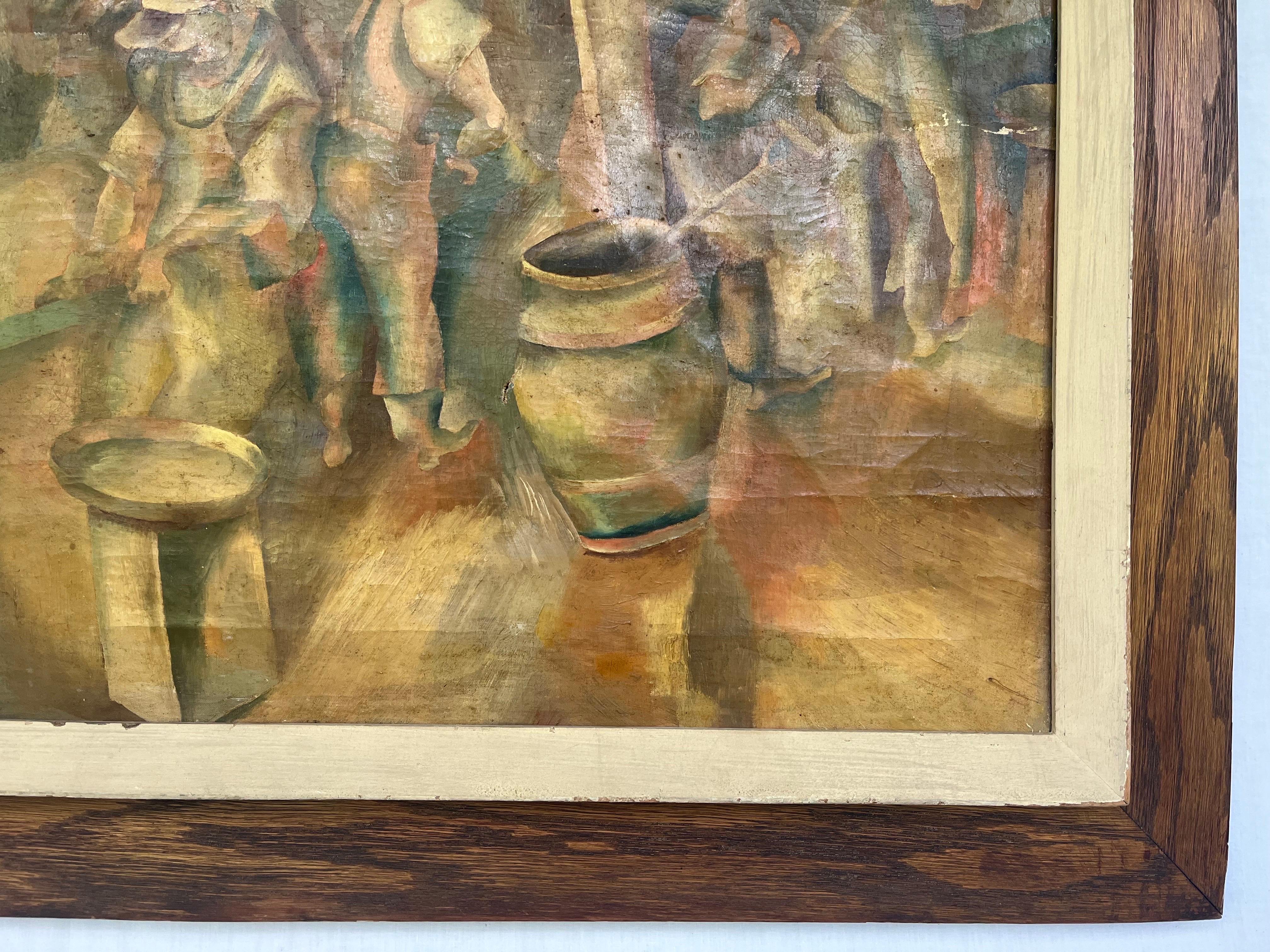 Early 20th Century WPA Style Industrial Painting of Men at Work in Period Frame 3