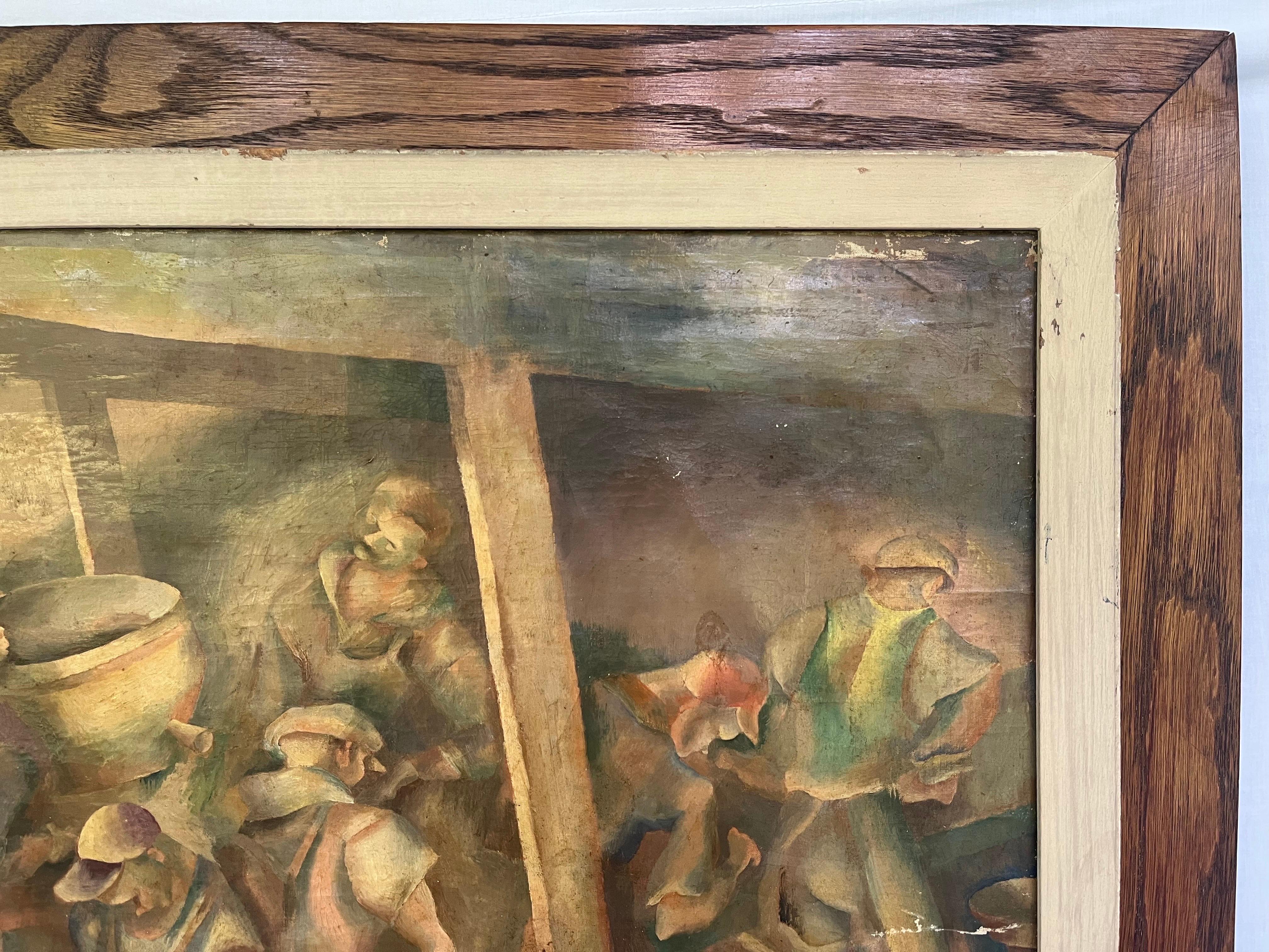 Early 20th Century WPA Style Industrial Painting of Men at Work in Period Frame 4