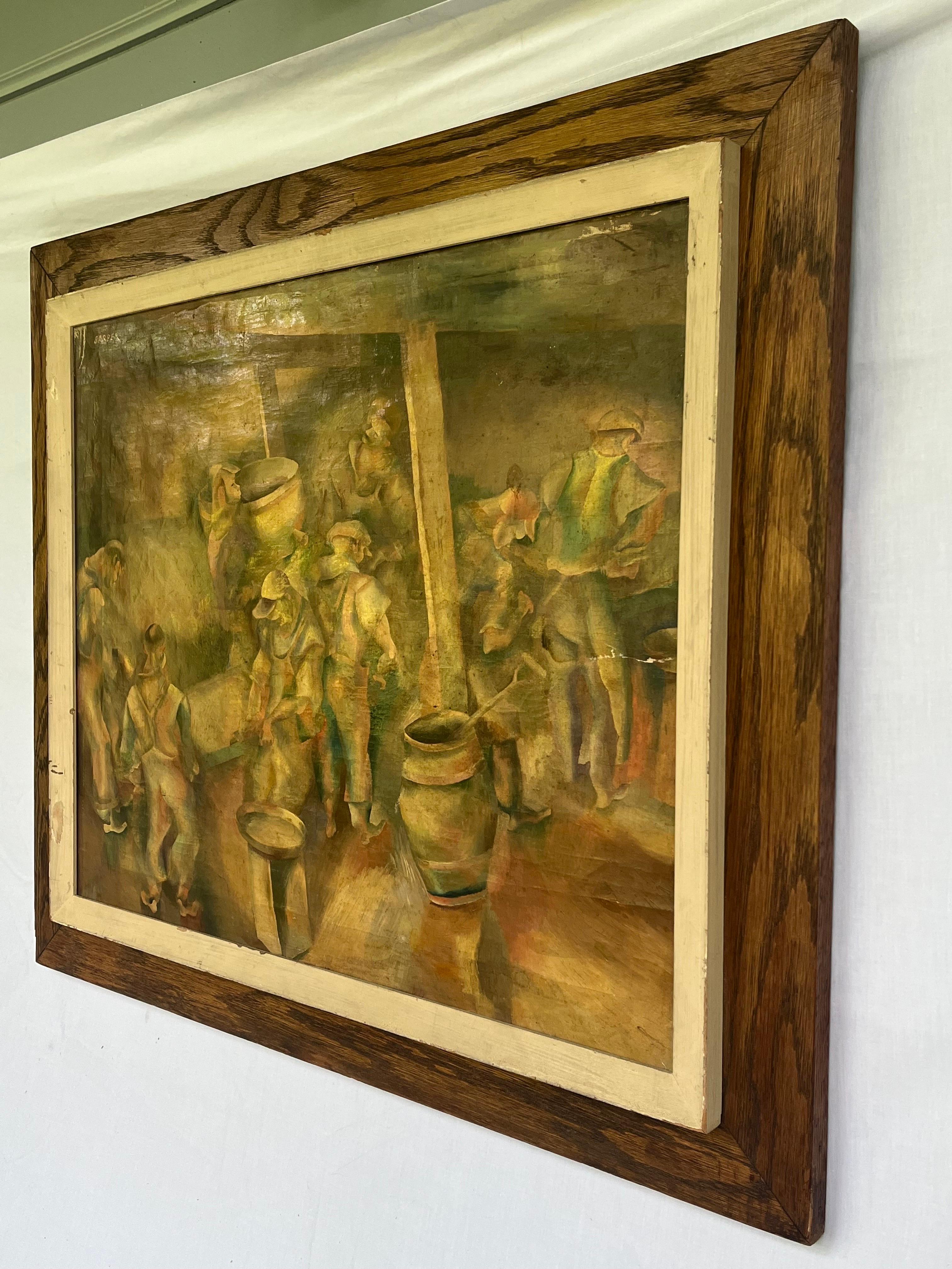 Mid-Century Modern Early 20th Century WPA Style Industrial Painting of Men at Work in Period Frame