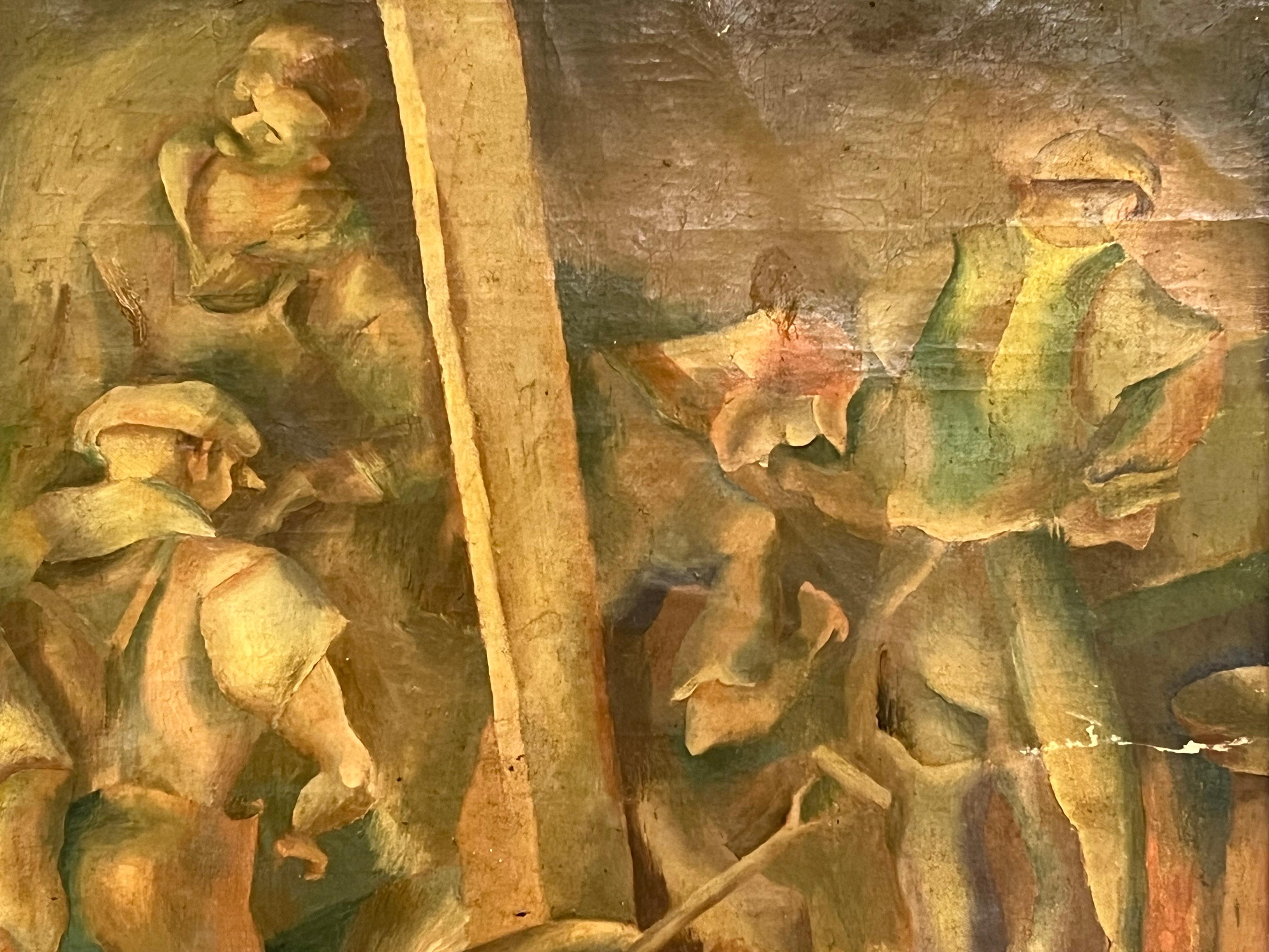 Early 20th Century WPA Style Industrial Painting of Men at Work in Period Frame In Good Condition In Atlanta, GA