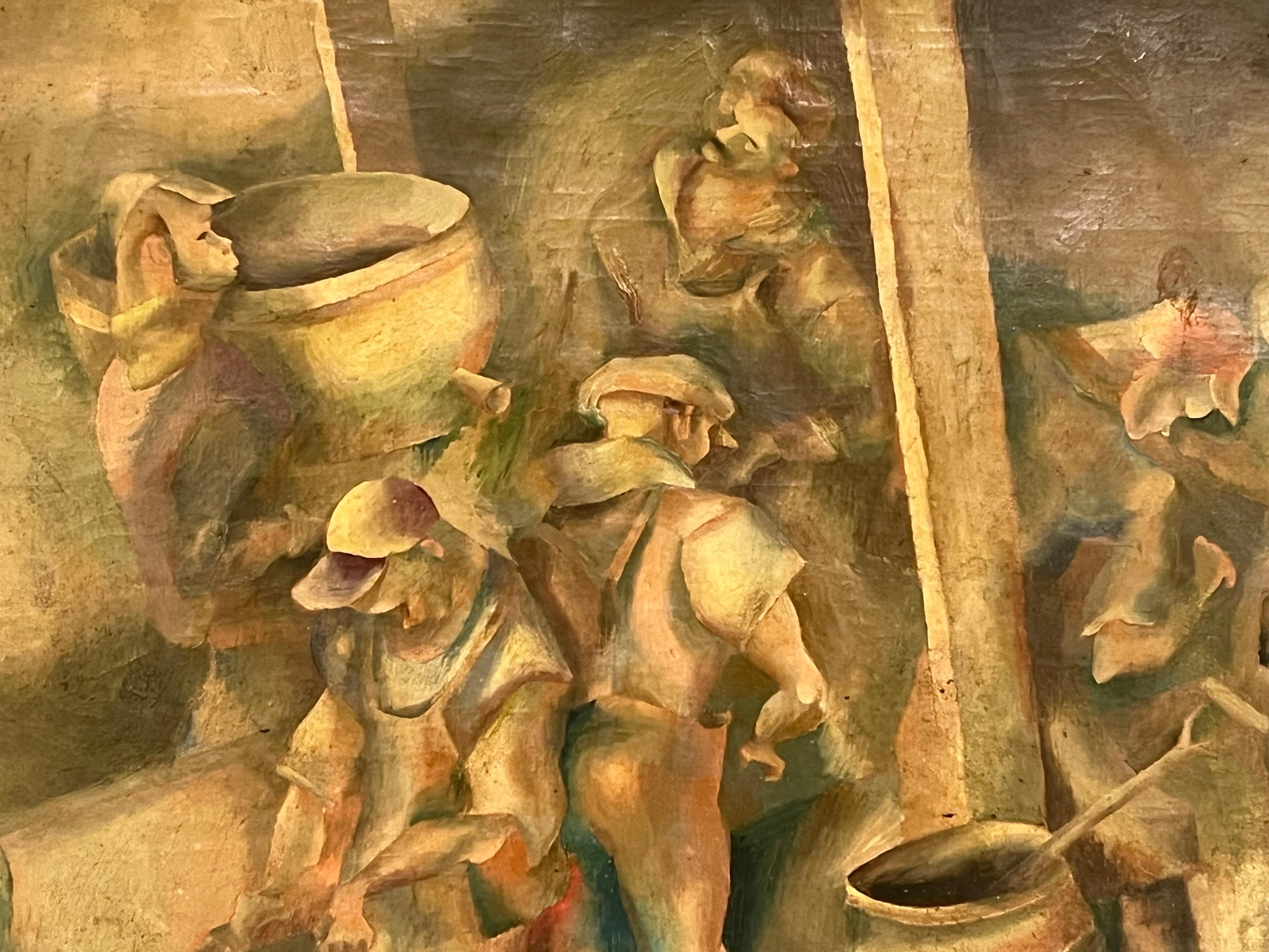 Canvas Early 20th Century WPA Style Industrial Painting of Men at Work in Period Frame