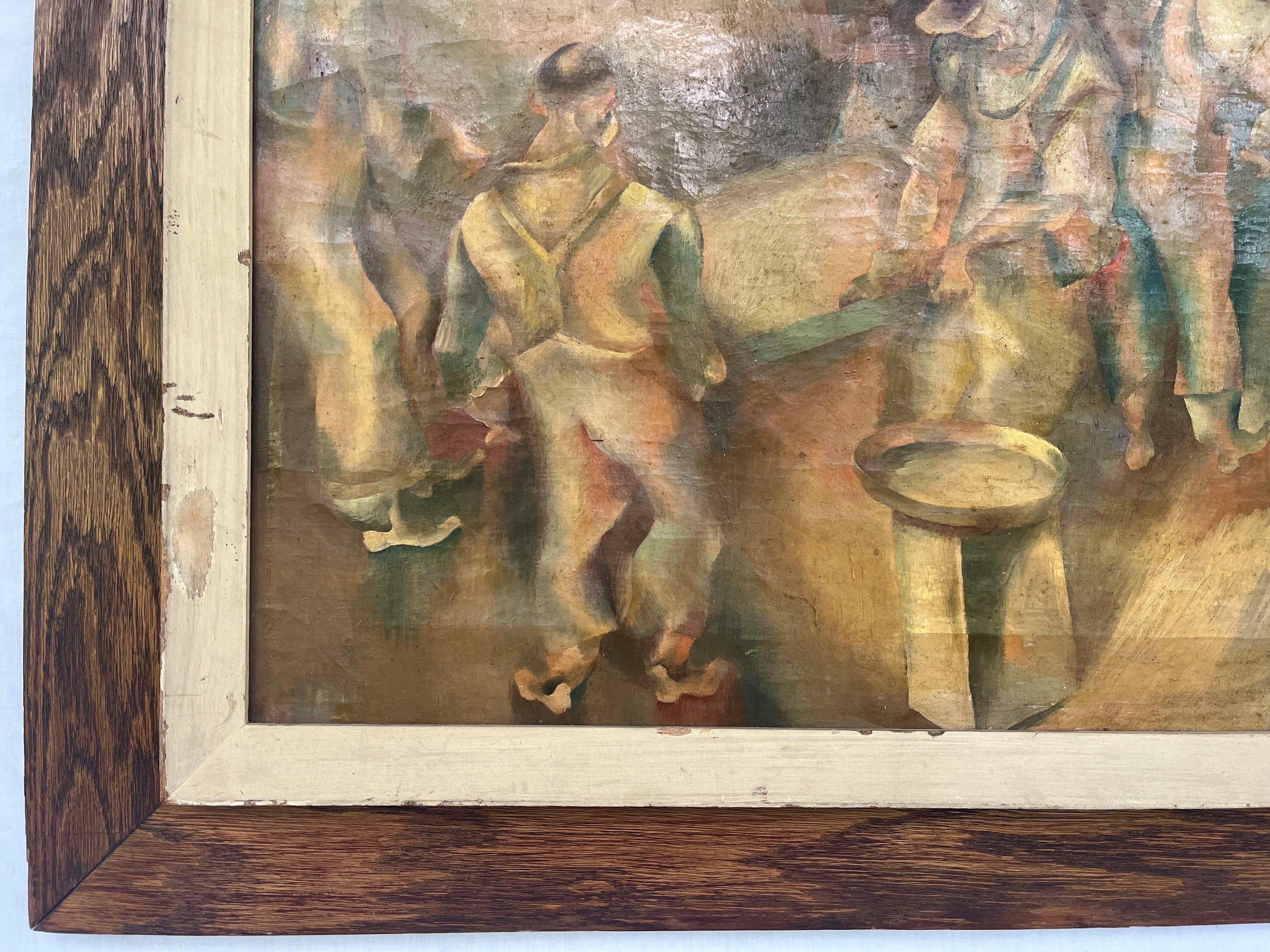 Early 20th Century WPA Style Industrial Painting of Men at Work in Period Frame 2