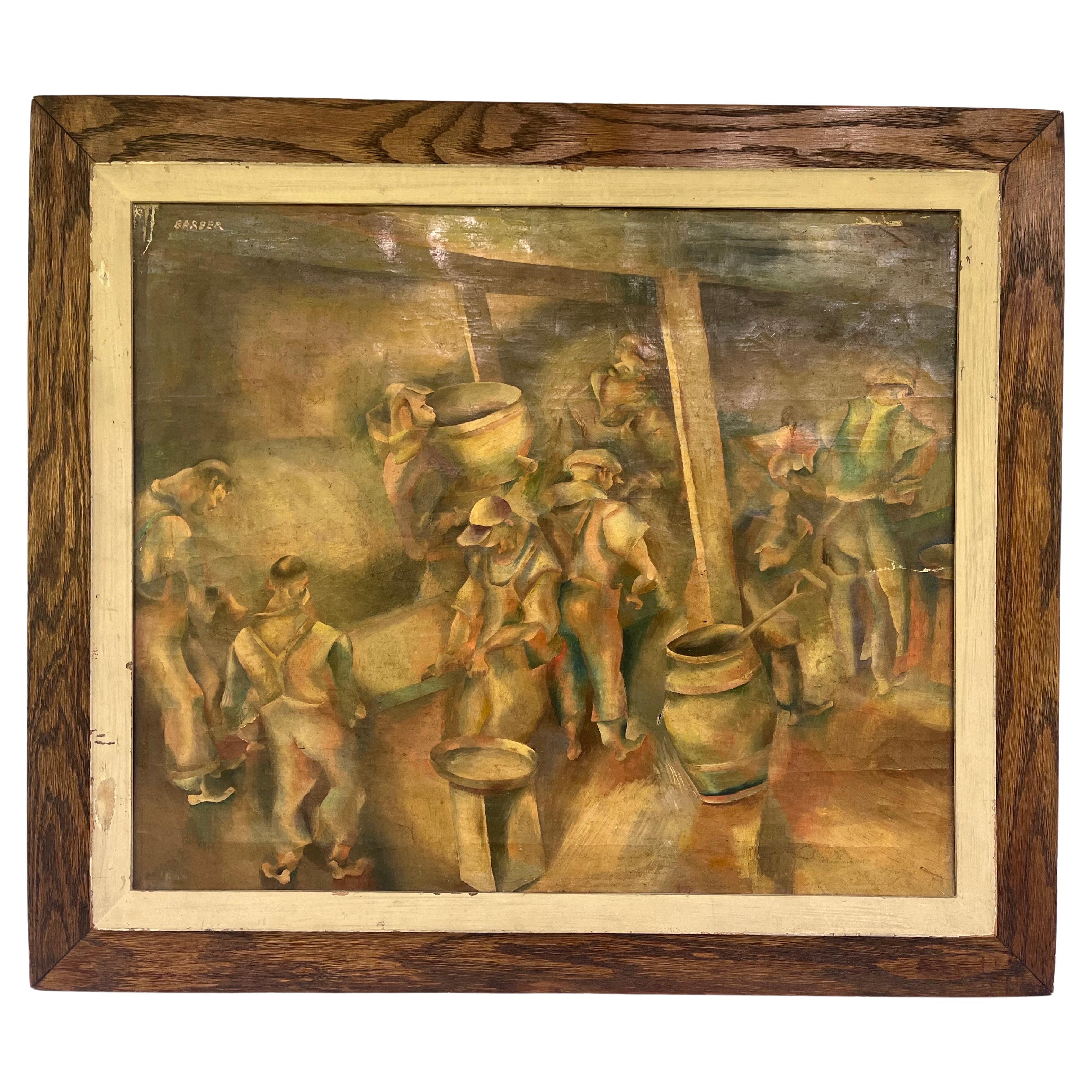 Early 20th Century WPA Style Industrial Painting of Men at Work in Period Frame