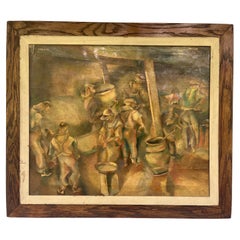 Vintage Early 20th Century WPA Style Industrial Painting of Men at Work in Period Frame