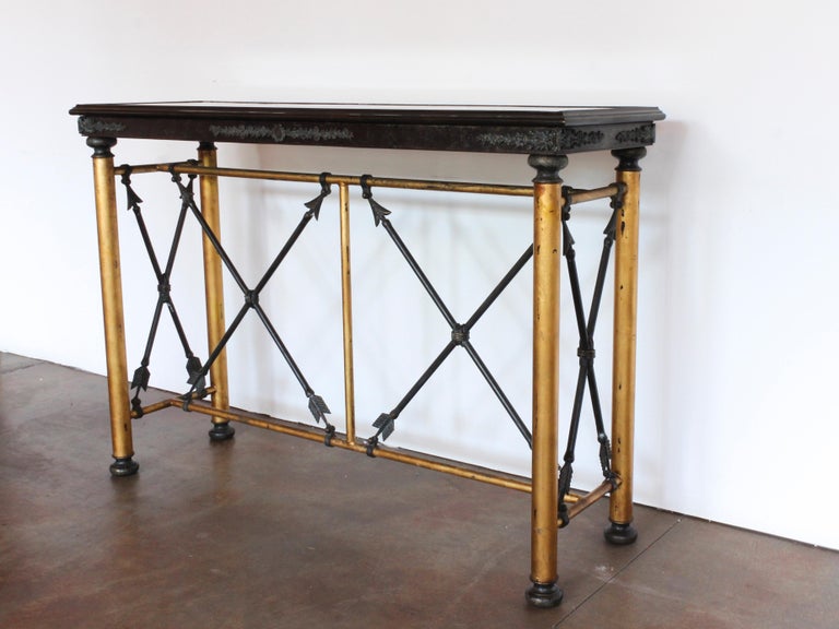 Early 20th Century Wrought Iron and Brass Console Table with Stone Top 1