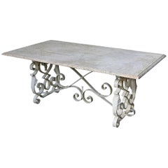 Early 20th Century Wrought Iron and Travertine Garden Table