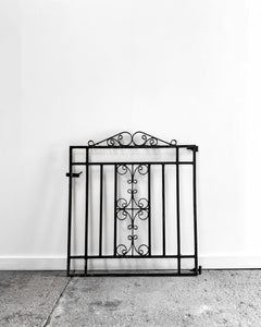 Puerta de jardín de hierro forjado de principios del siglo XX con cresta enrollada, pequeña
