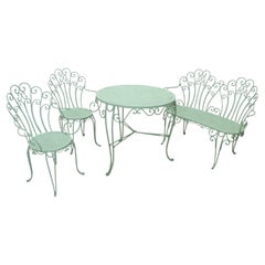 Ensemble de jardin en fer forgé du début du 20e siècle - 2 chaises - 1 banquette - 1 table ronde