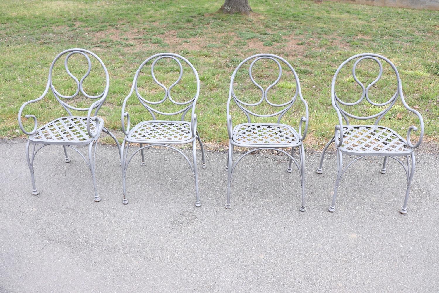 Italian Early 20th Century Wrought Iron Garden Set 4 Armchairs and Table with Marble Top