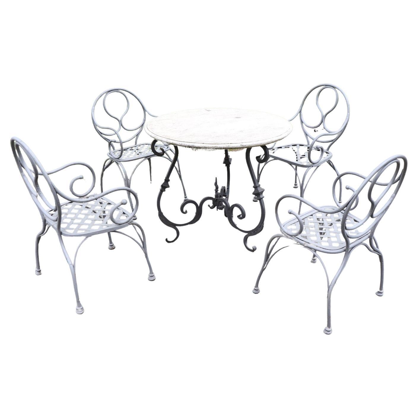 Early 20th Century Wrought Iron Garden Set 4 Armchairs and Table with Marble Top