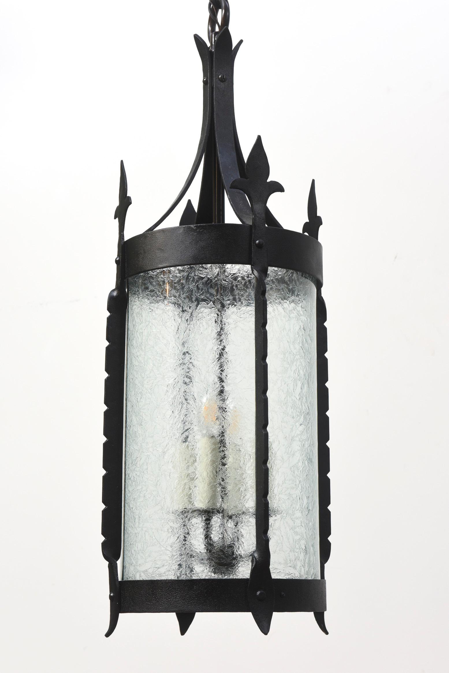American Early 20th Century Wrought Iron Lantern with Curved Textured Glass For Sale