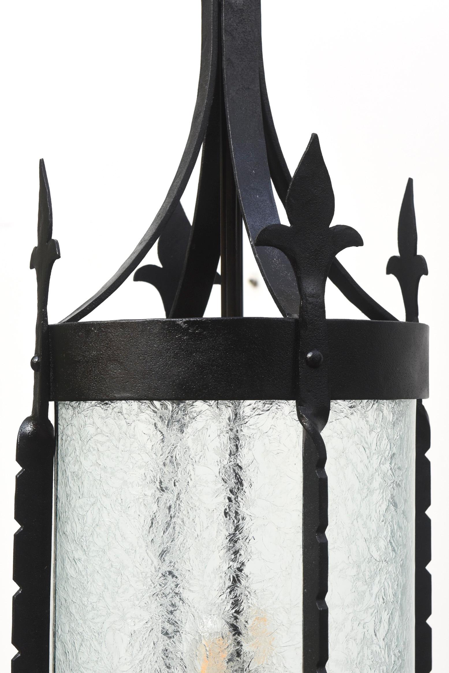 Art Glass Early 20th Century Wrought Iron Lantern with Curved Textured Glass For Sale