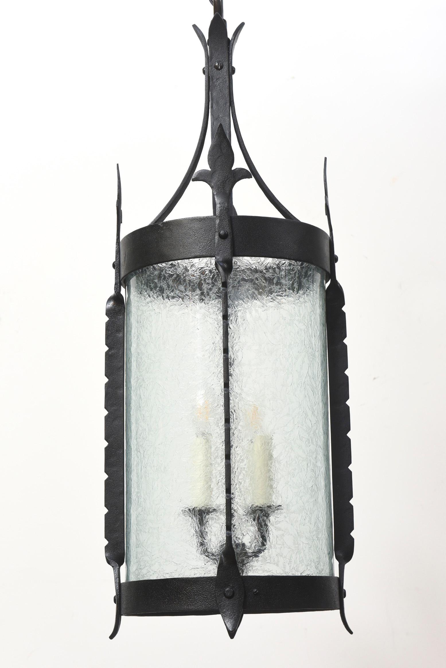 Early 20th Century Wrought Iron Lantern with Curved Textured Glass For Sale 2