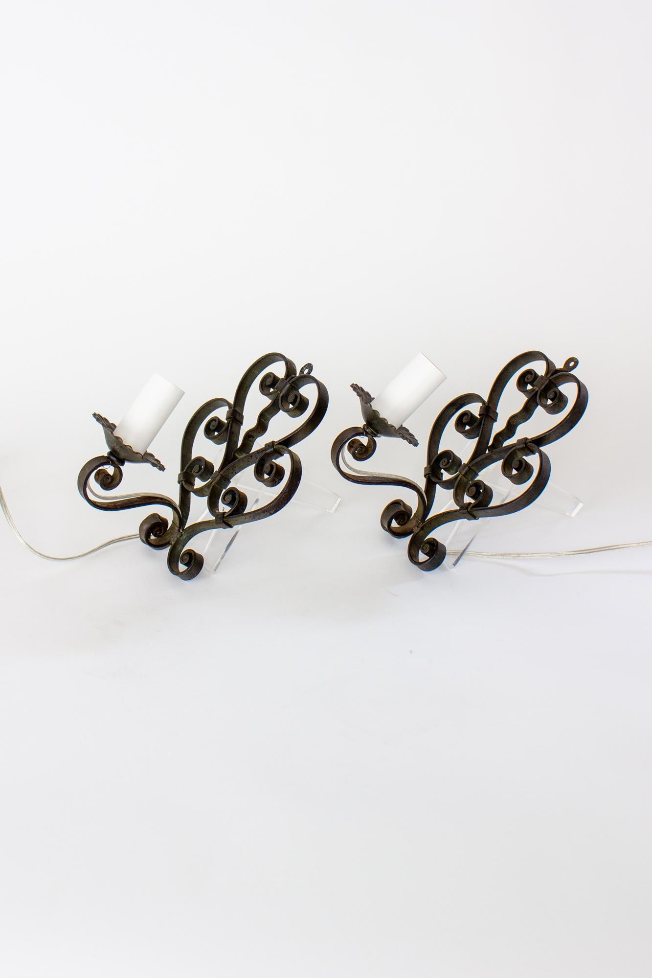 Arts and Crafts Early 20th Century Wrought Iron Pin Up Sconces, a Pair For Sale