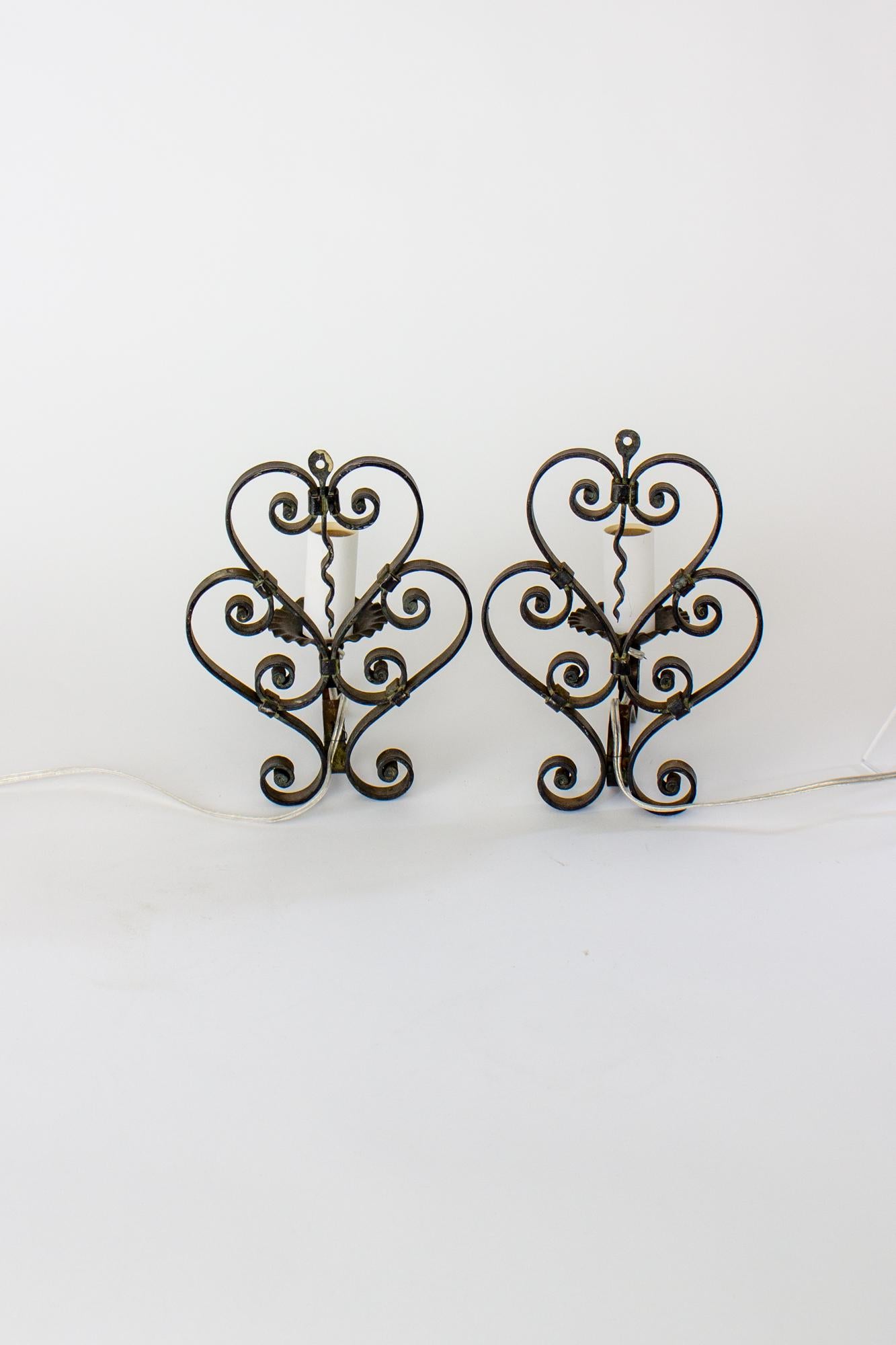 American Early 20th Century Wrought Iron Pin Up Sconces, a Pair For Sale
