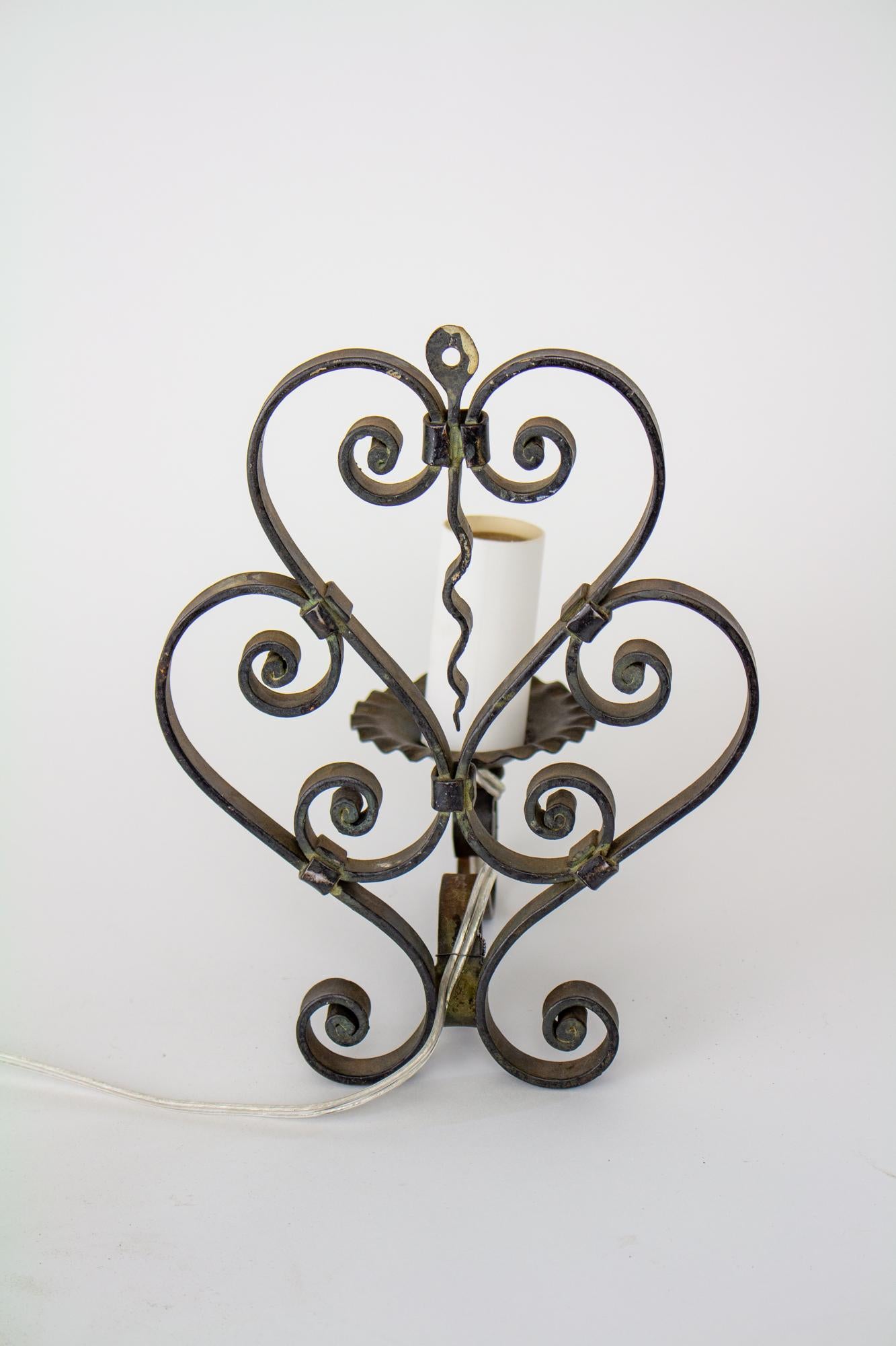 Early 20th Century Wrought Iron Pin Up Sconces, a Pair In Good Condition For Sale In Canton, MA
