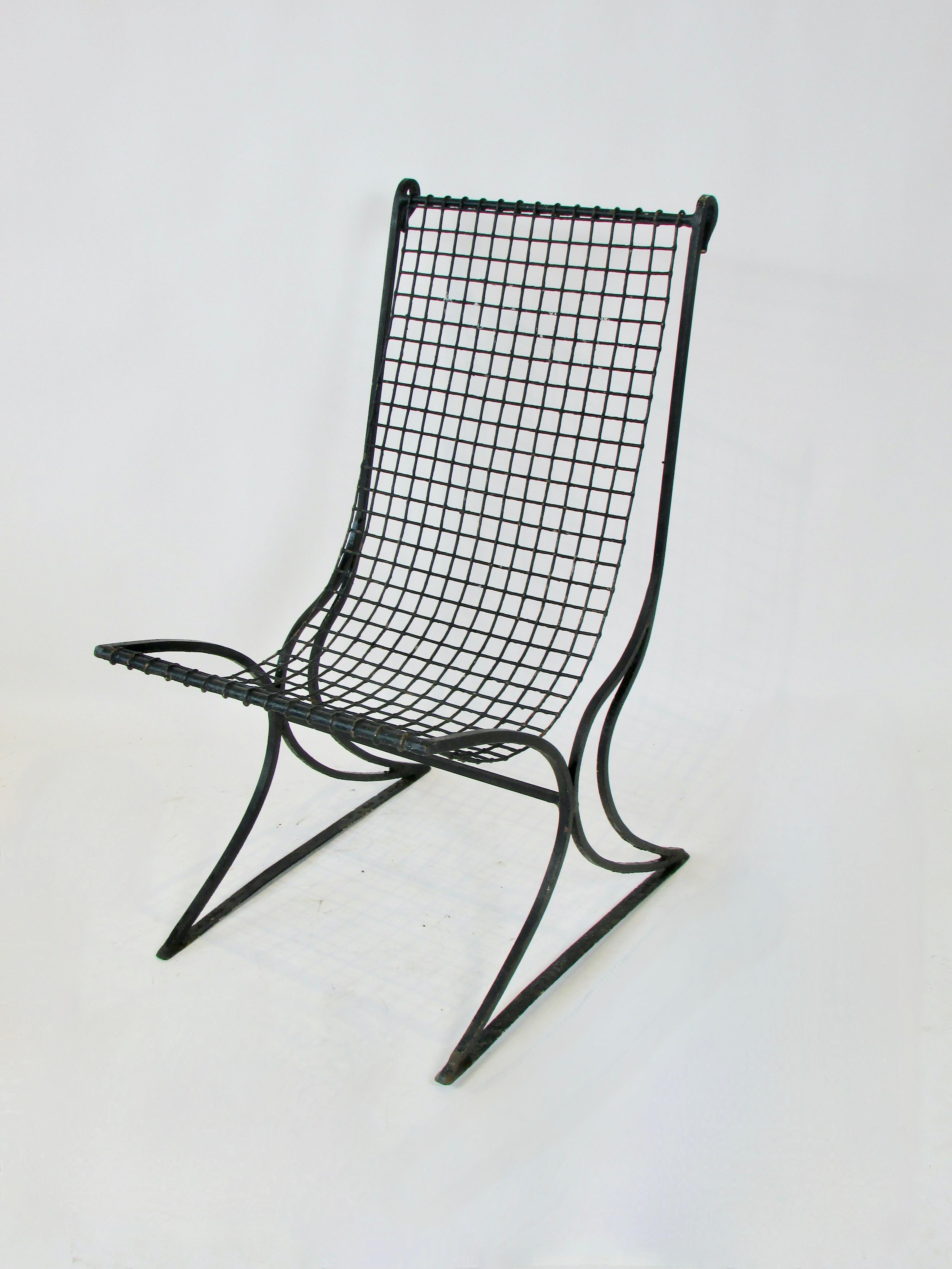 American Classical Early 20th century wrought iron with wire seat garden chair in old black paint For Sale