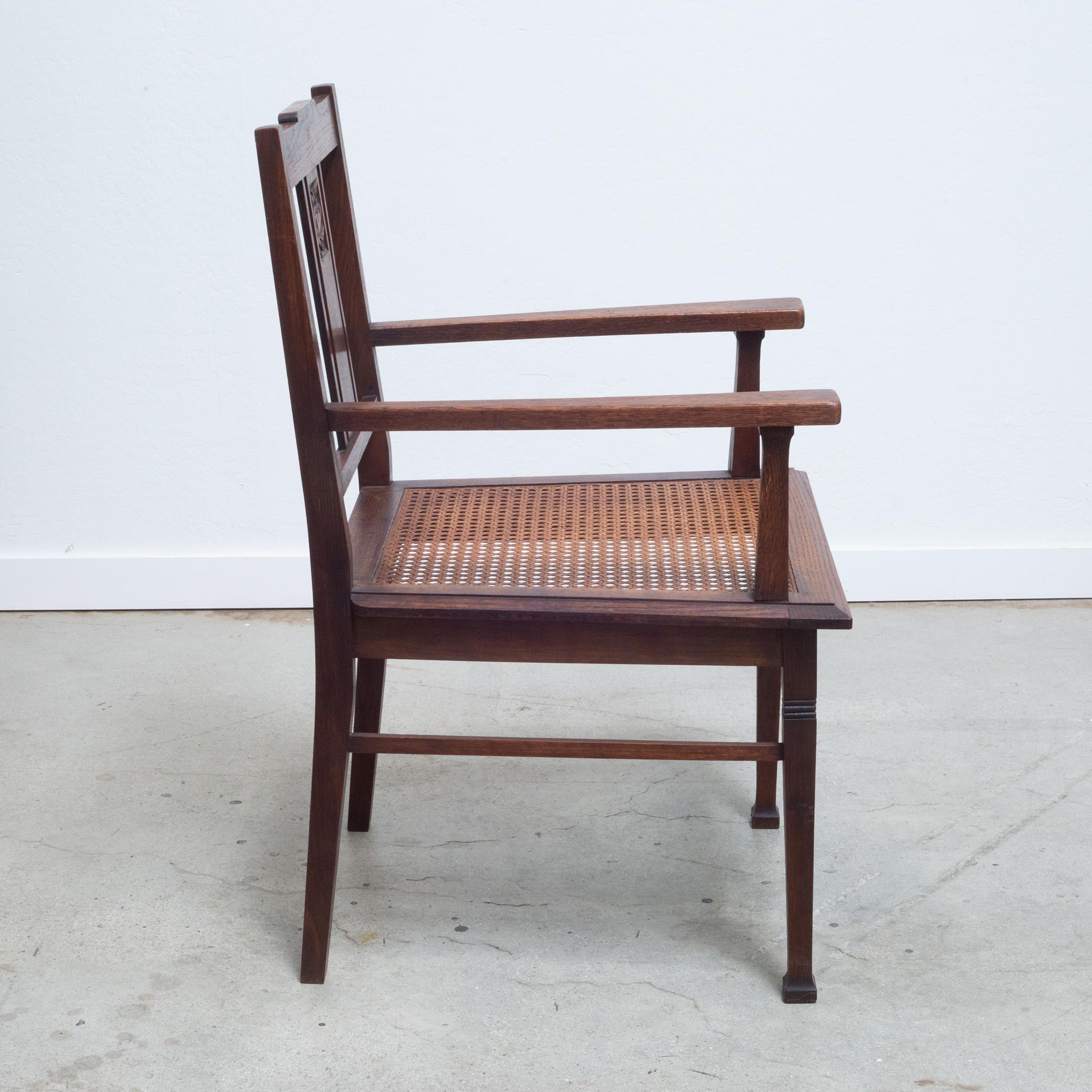 Victorian Early 20th C. Glasgow Style Arts and Crafts Caned Oak Arm Chair, c.1900 For Sale