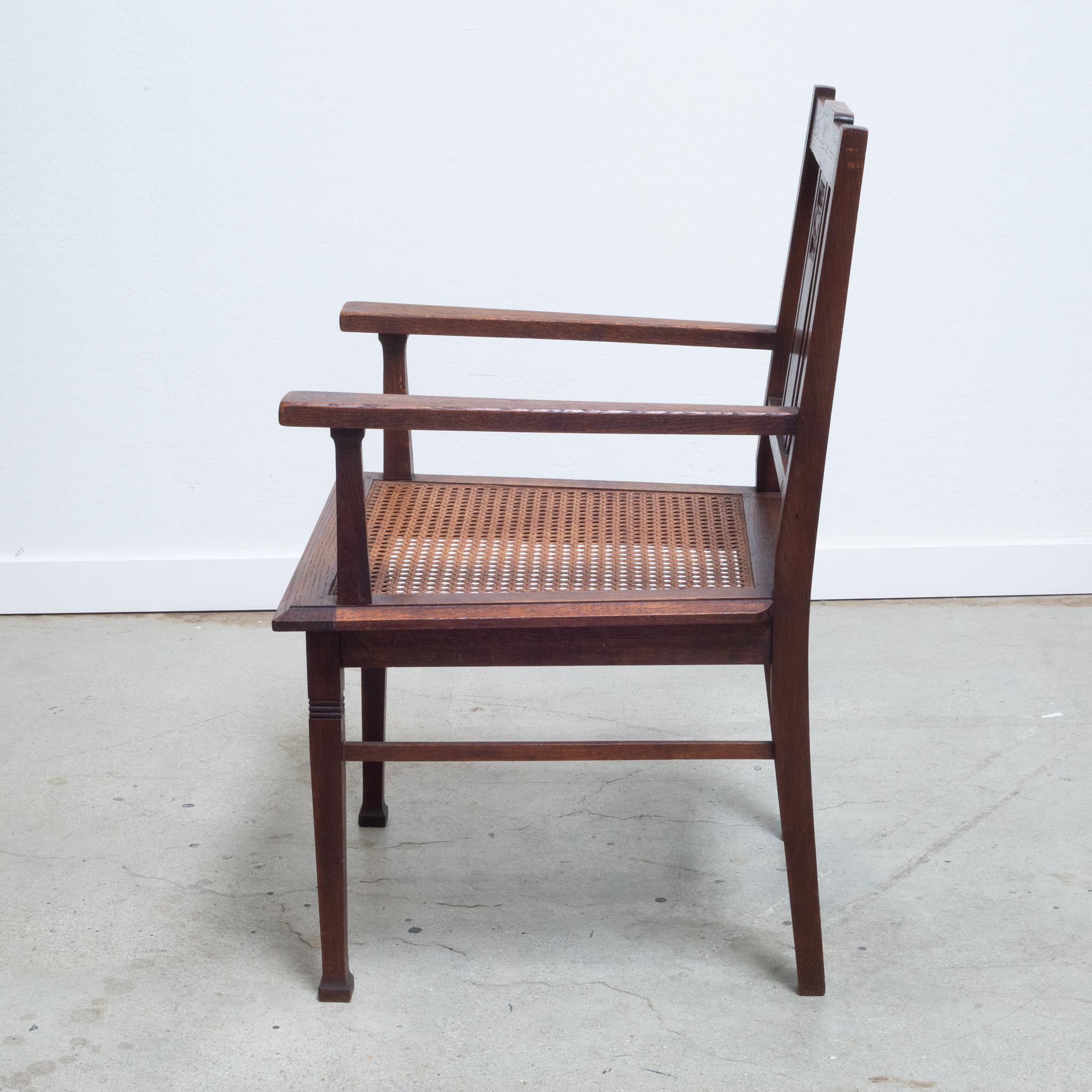 Early 20th C. Glasgow Style Arts and Crafts Caned Oak Arm Chair, c.1900 In Good Condition For Sale In San Francisco, CA