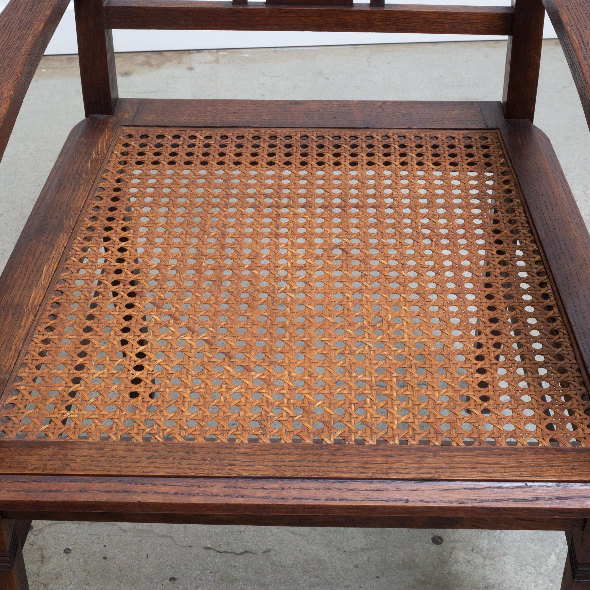 20th Century Early 20th C. Glasgow Style Arts and Crafts Caned Oak Arm Chair, c.1900 For Sale