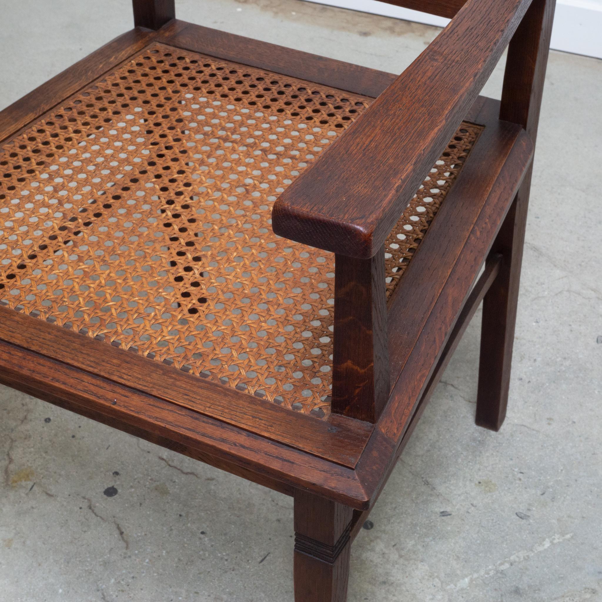 Early 20th C. Glasgow Style Arts and Crafts Caned Oak Arm Chair, c.1900 For Sale 1