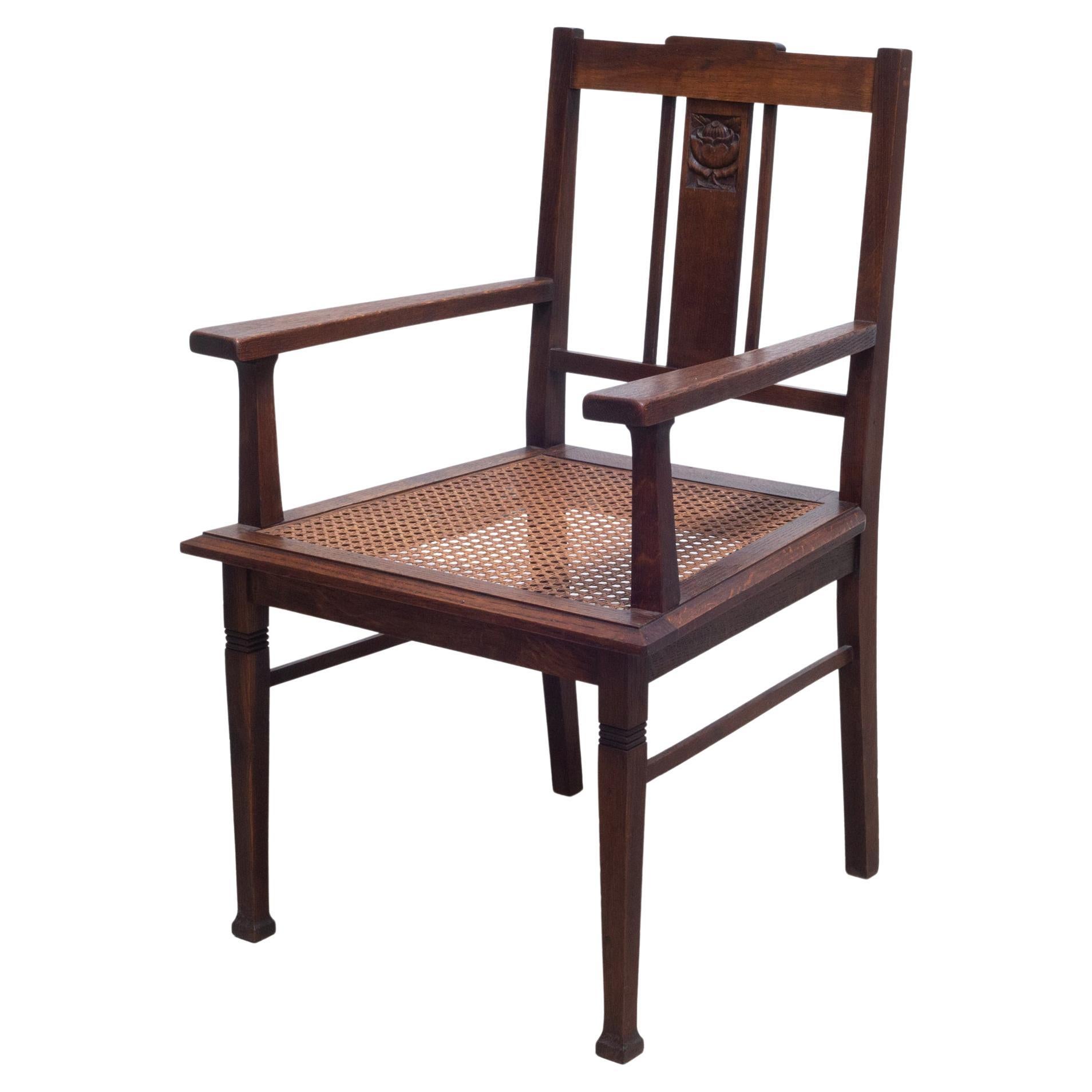 Early 20th C. Glasgow Style Arts and Crafts Caned Oak Arm Chair, c.1900 For Sale