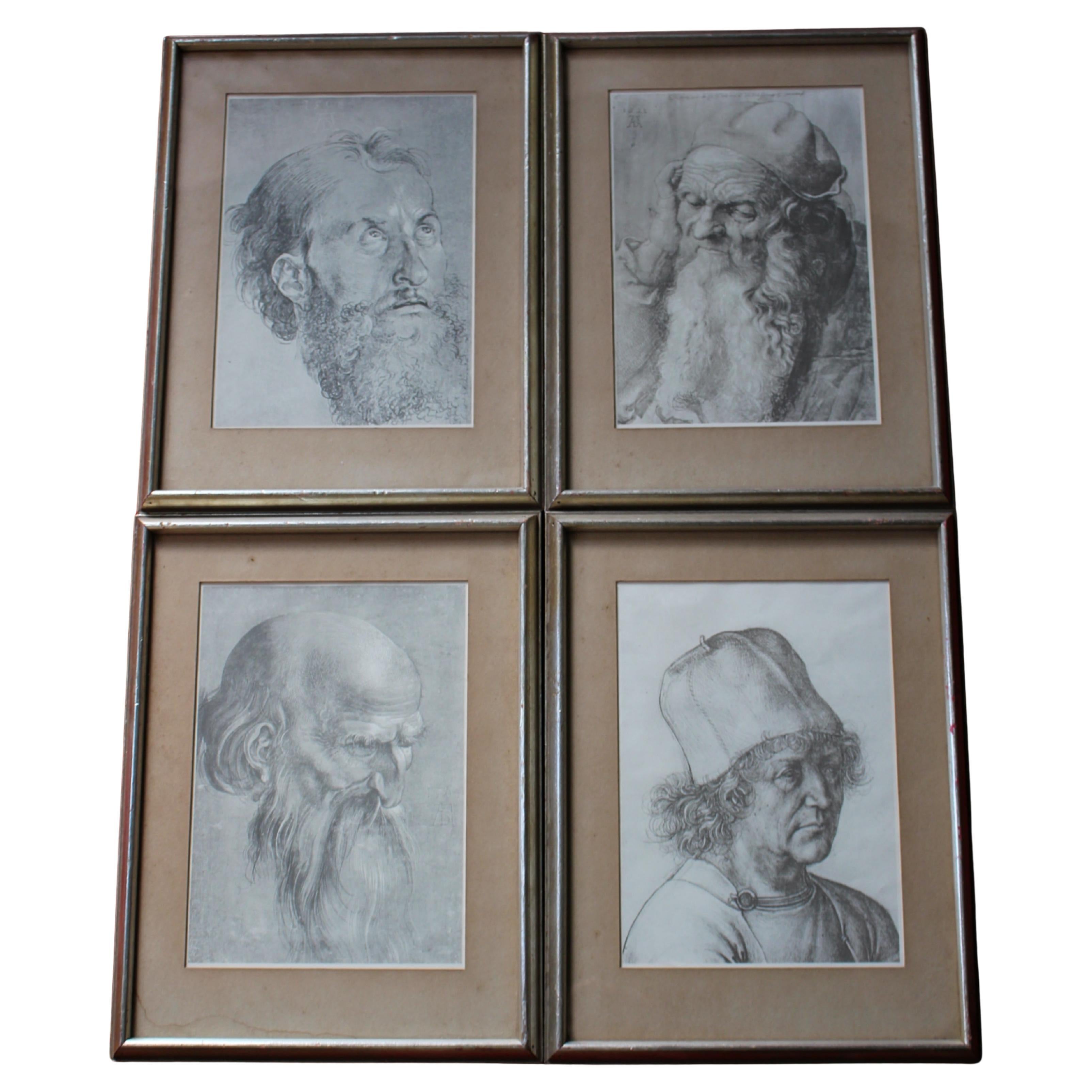 Colección de principios del siglo XX de cuatro grabados de retratos de Da Vinci enmarcados en plata dorada