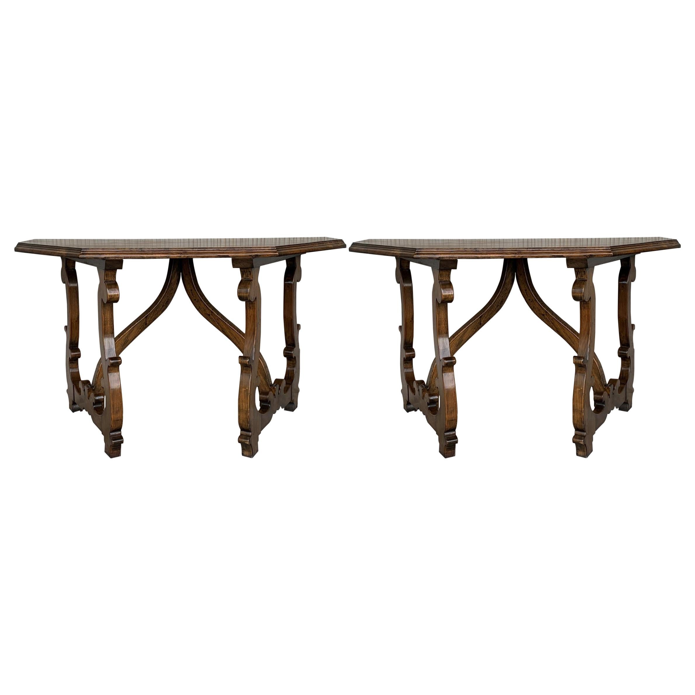Early 20th Convertible Spanish Walnut Console Tables with Lyre Legs