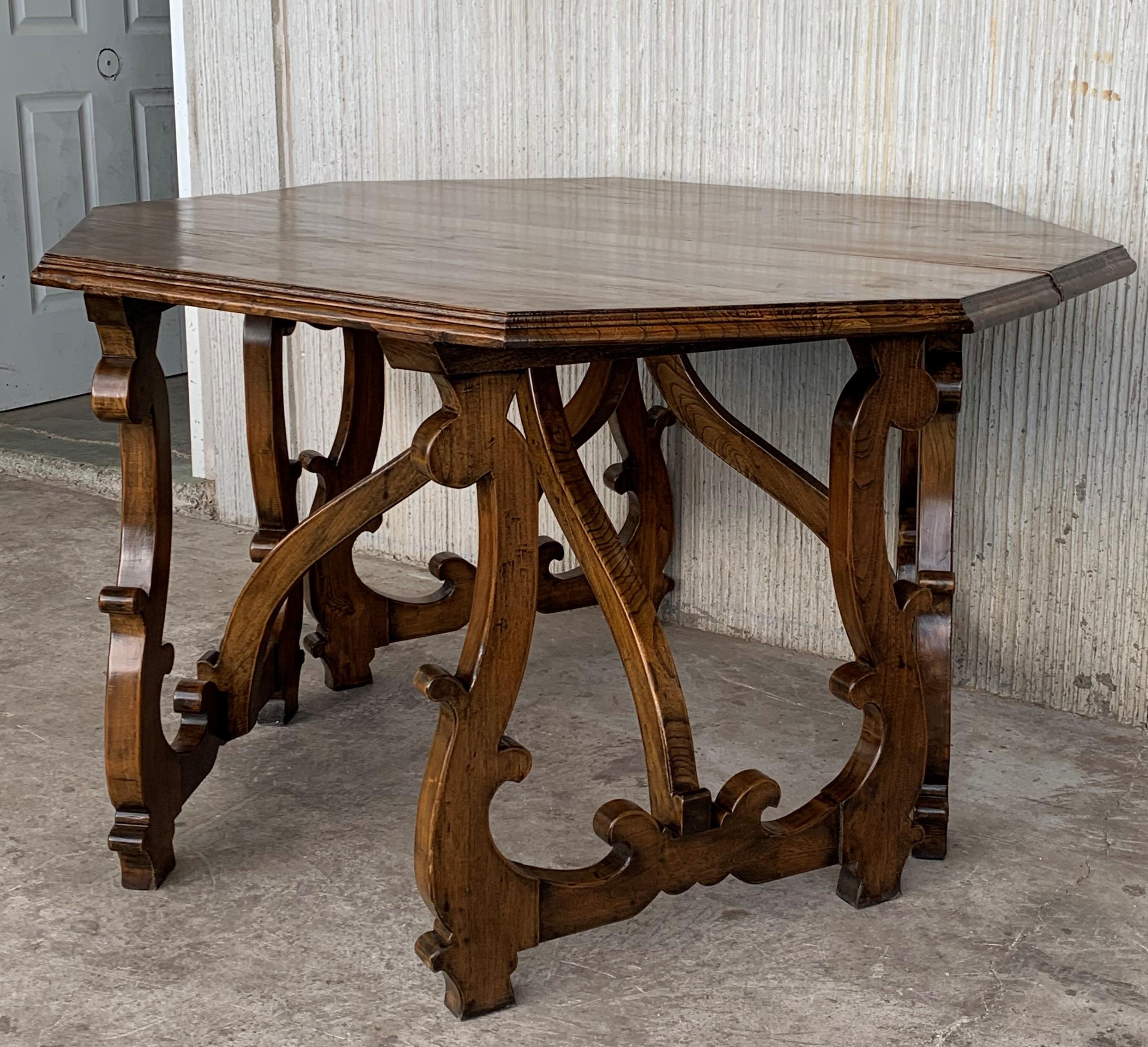 Spanish Colonial Early 20th Convertible Spanish Walnut Dining Room, Center Table with Lyre Legs