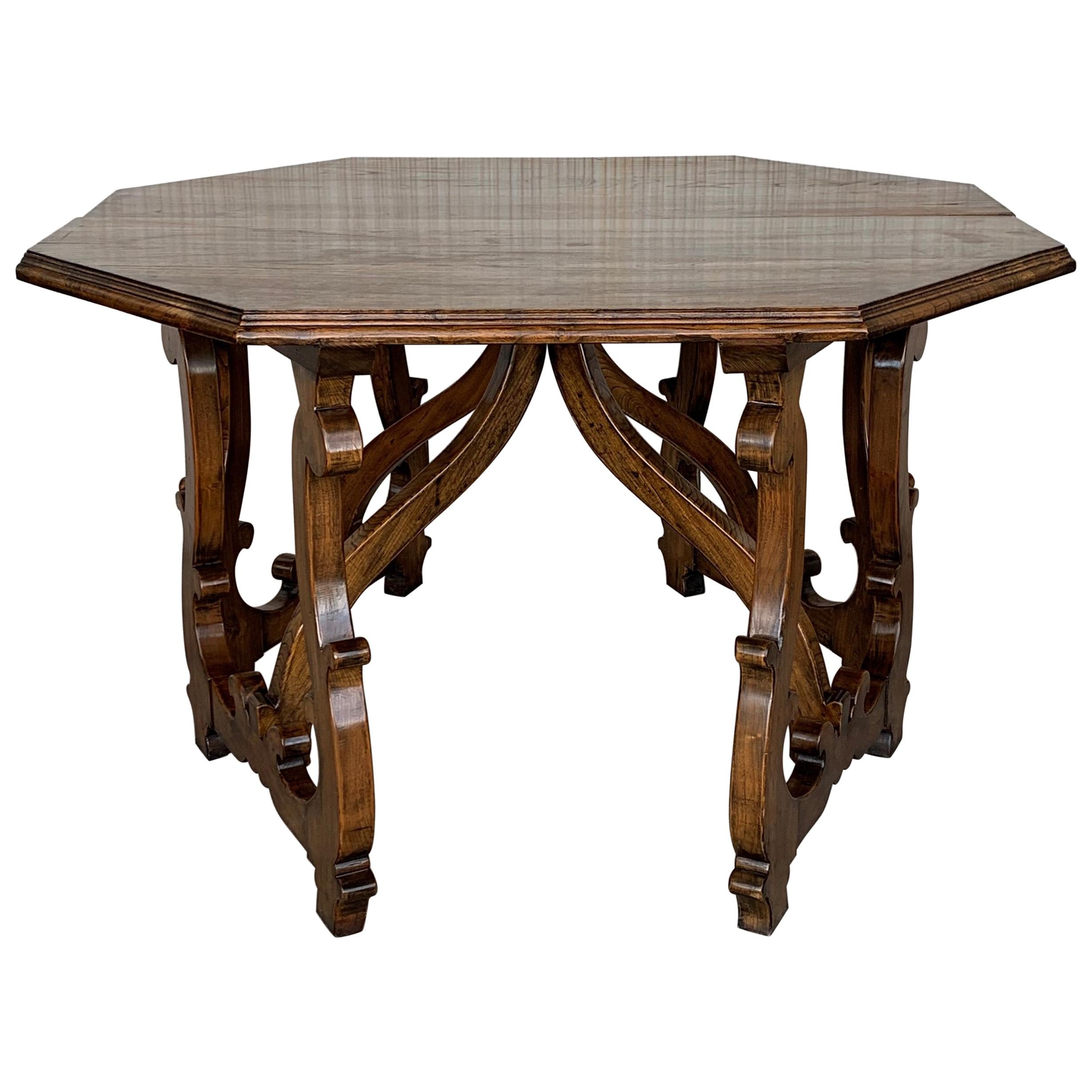 Early 20th Convertible Spanish Walnut Dining Room, Center Table with Lyre Legs