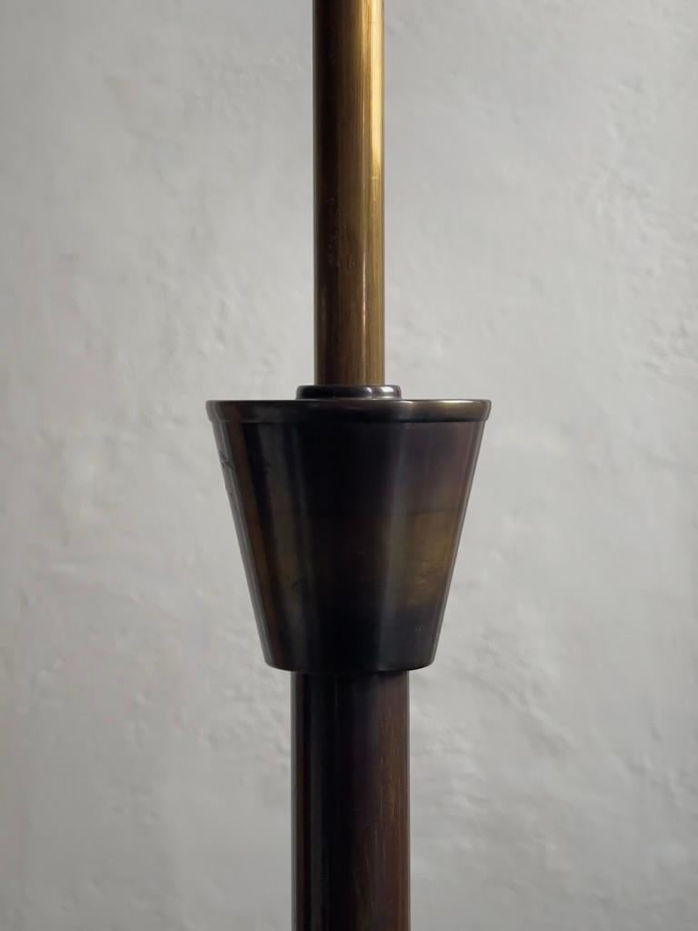Metalwork 1920s Scandinavian art deco floor lamp in patinated bronze with new linen shade. For Sale