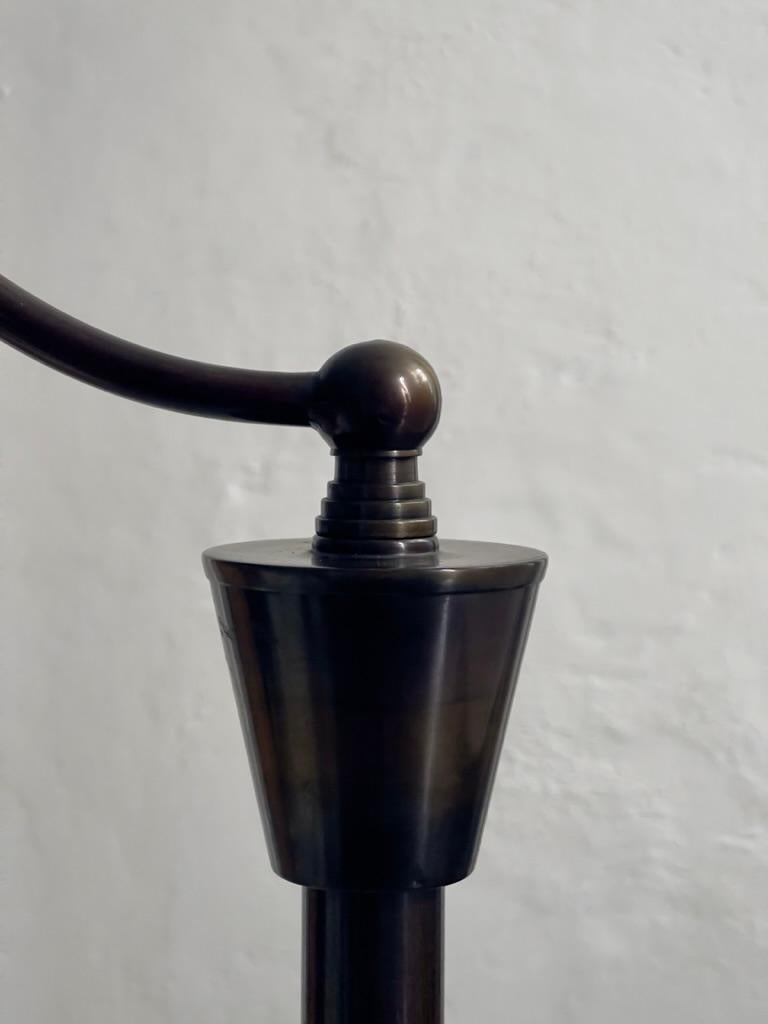 Bronze 1920s Scandinavian art deco floor lamp in patinated bronze with new linen shade. For Sale