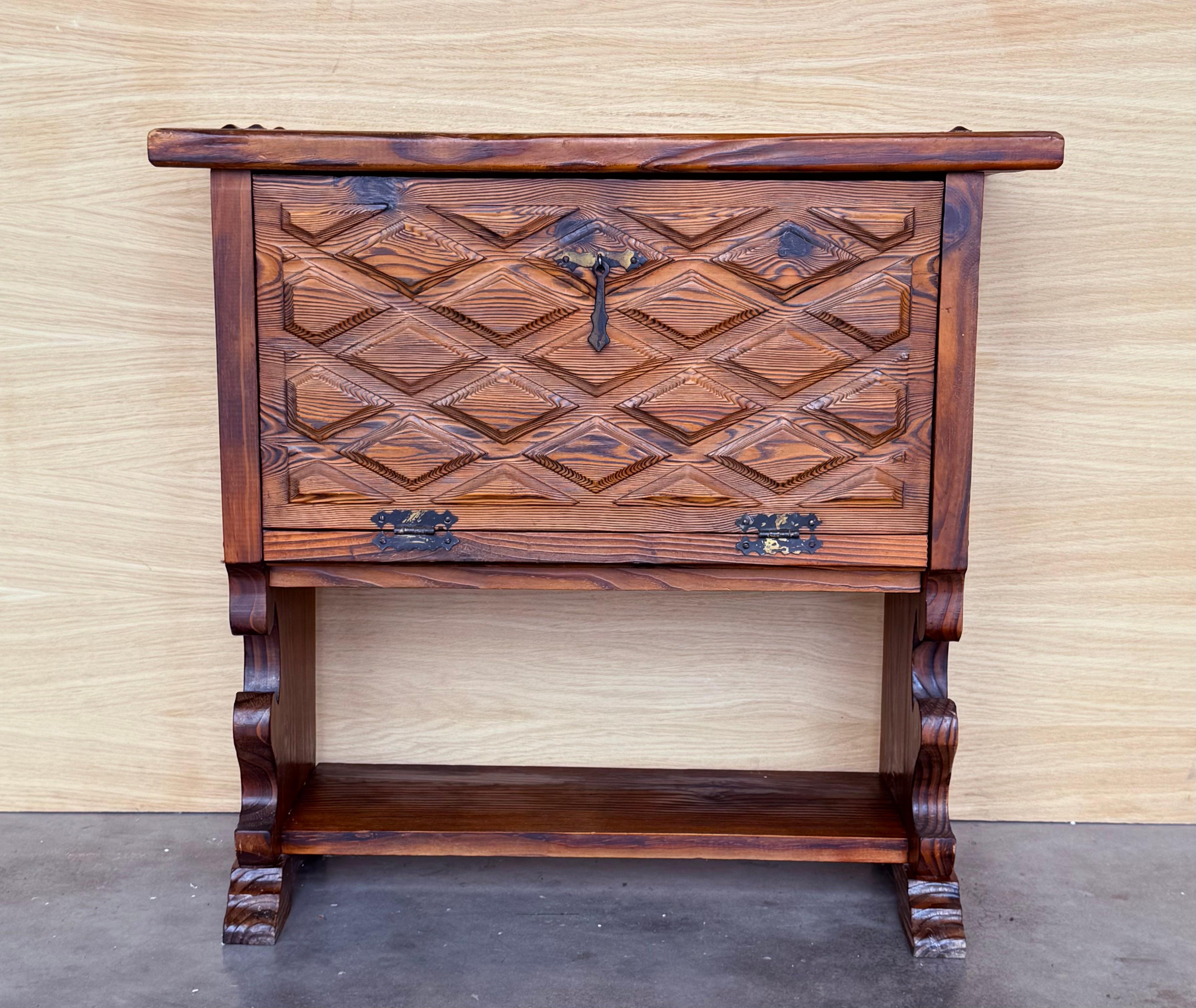 A charming Provincial beautifully aged rich patina.  Hand-crafted of solid red walnut , likely cherry-wood case and a thick walnut slab top with front and side serpentine shaped molded edge, over a rectangular solid wooden case with quality pegged