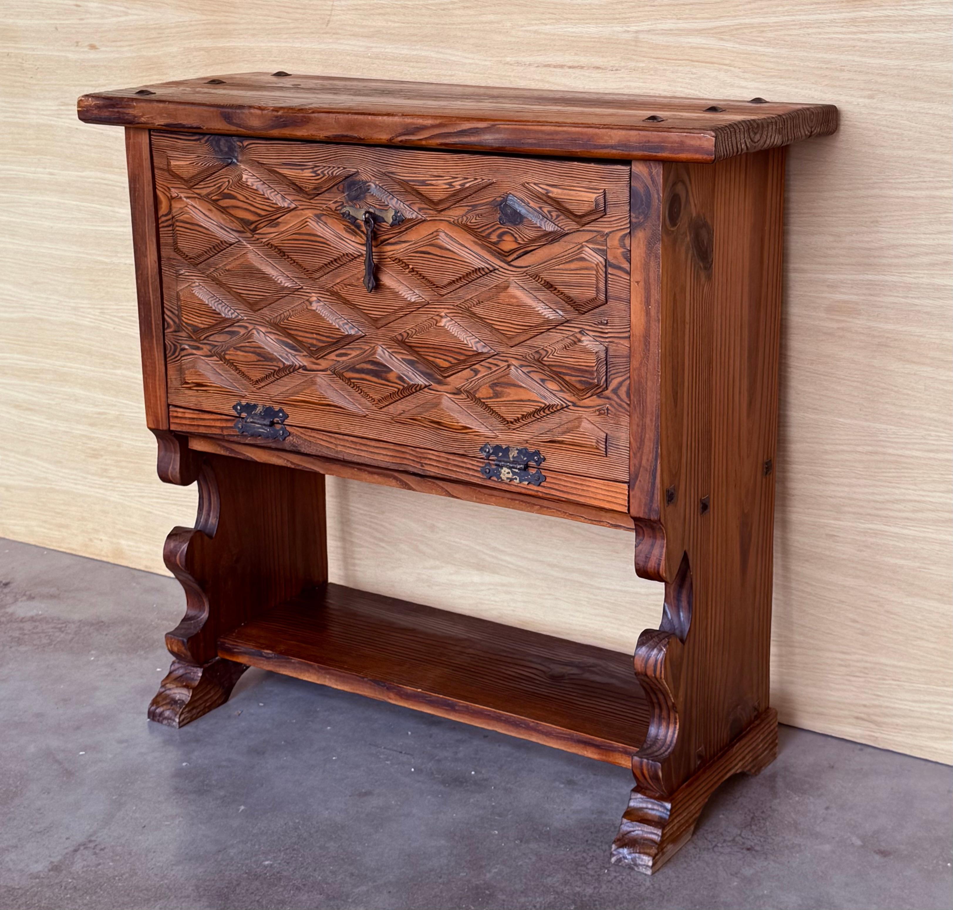 Spanish Early 20th Fall front Door rustic console Table with Shelve For Sale