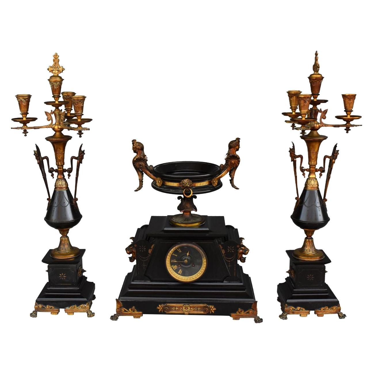 Early 20th Fireplace Surround in Gilt Bronze and Black Marble Neo-Classical  For Sale