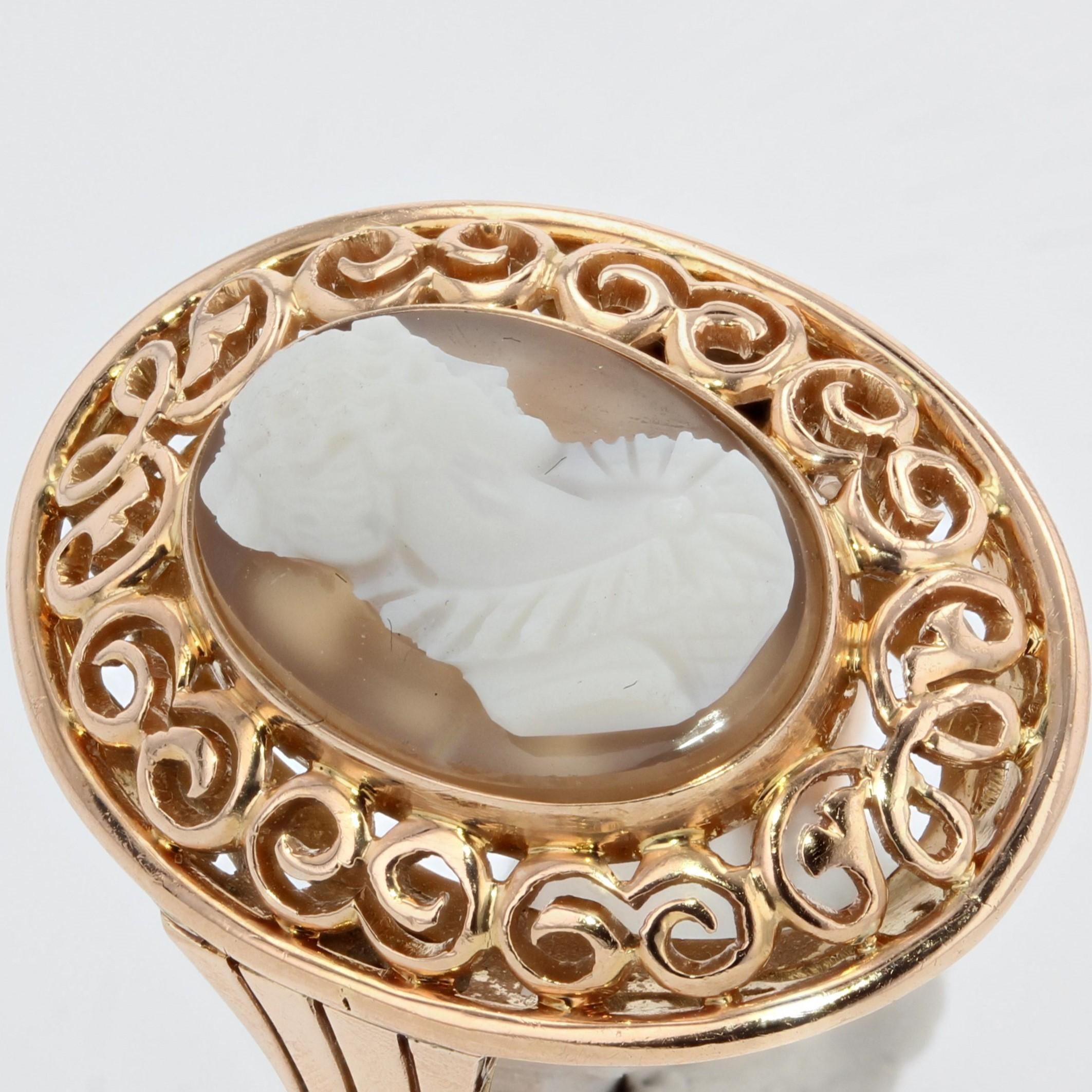 Portrait Cut Early 20th French Antique Gold Agate Cameo Ring For Sale