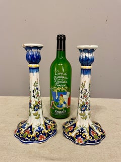 Early 20th French Faience of Desvres Candlestick, a Pair