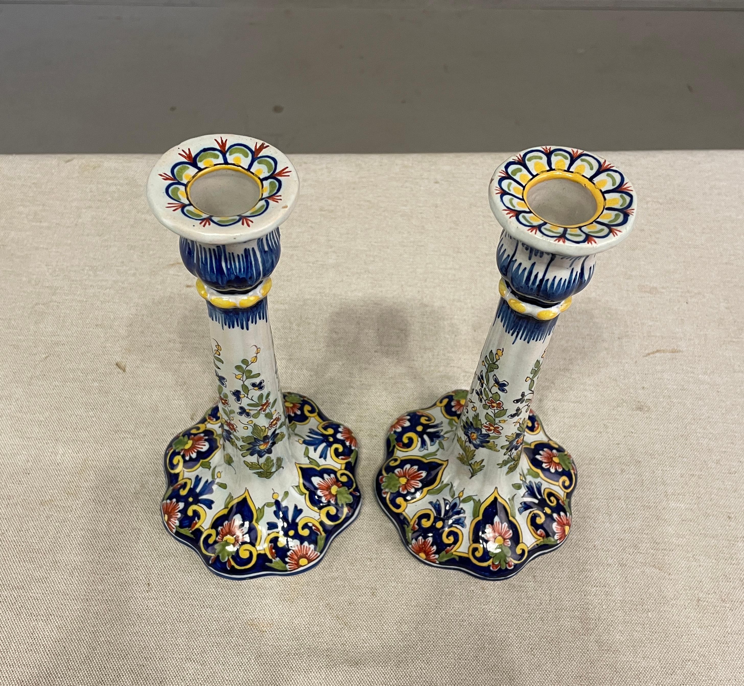 Hand-Crafted Early 20th French Faience of Desvres Candlestick, a Pair For Sale