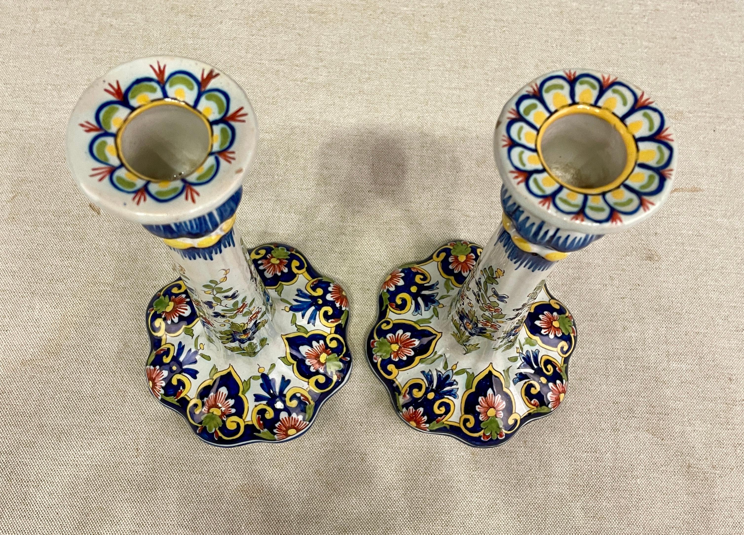 Early 20th French Faience of Desvres Candlestick, a Pair In Good Condition For Sale In Winter Park, FL