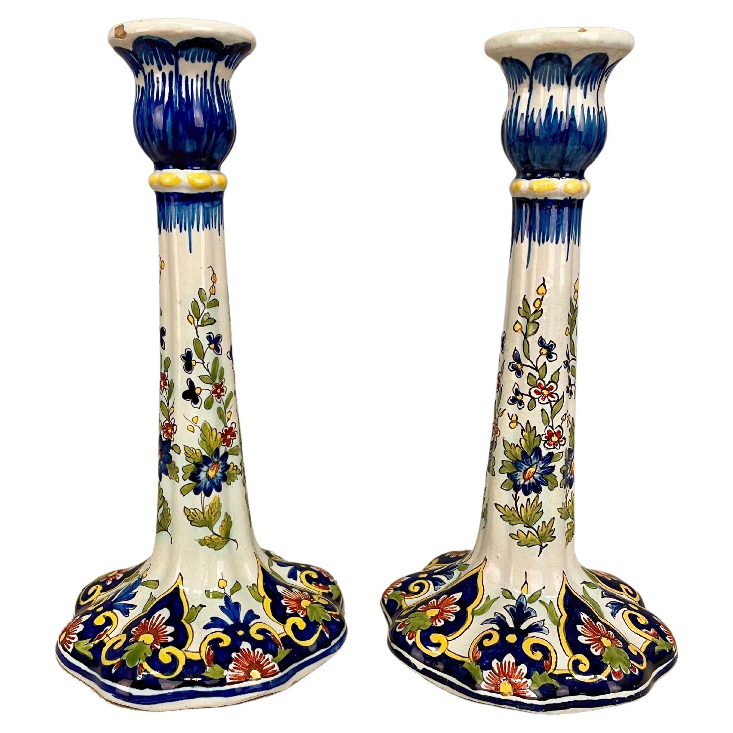 Early 20th French Faience of Desvres Candlestick, a Pair