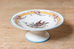 Early 20th French, Hand-Painted Porcelain Compote with Birds and Floral Motif