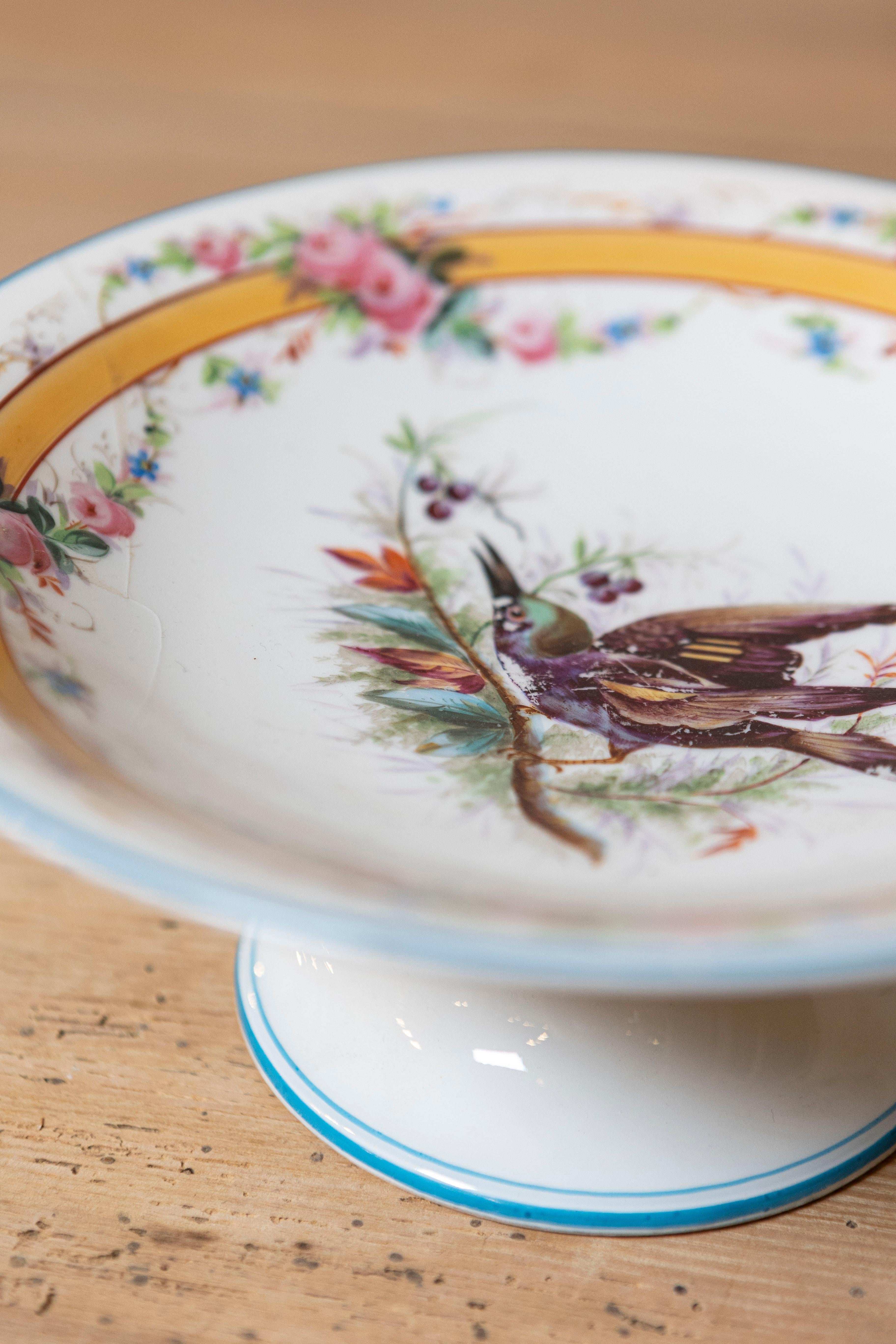 20th Century Early 20th French, Hand-Painted Porcelain Compote with Birds and Floral Motif For Sale