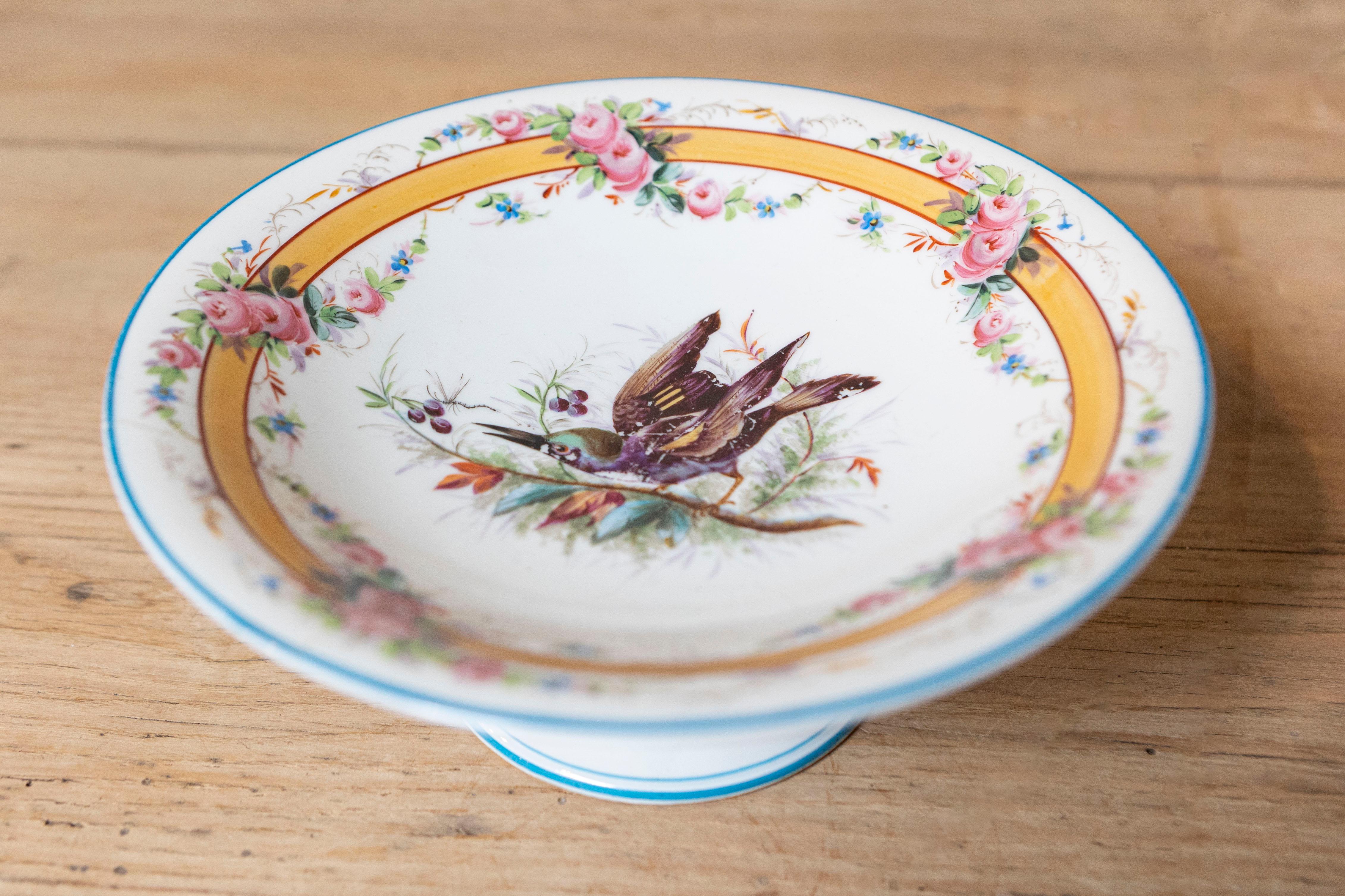 Early 20th French, Hand-Painted Porcelain Compote with Birds and Floral Motif For Sale 2