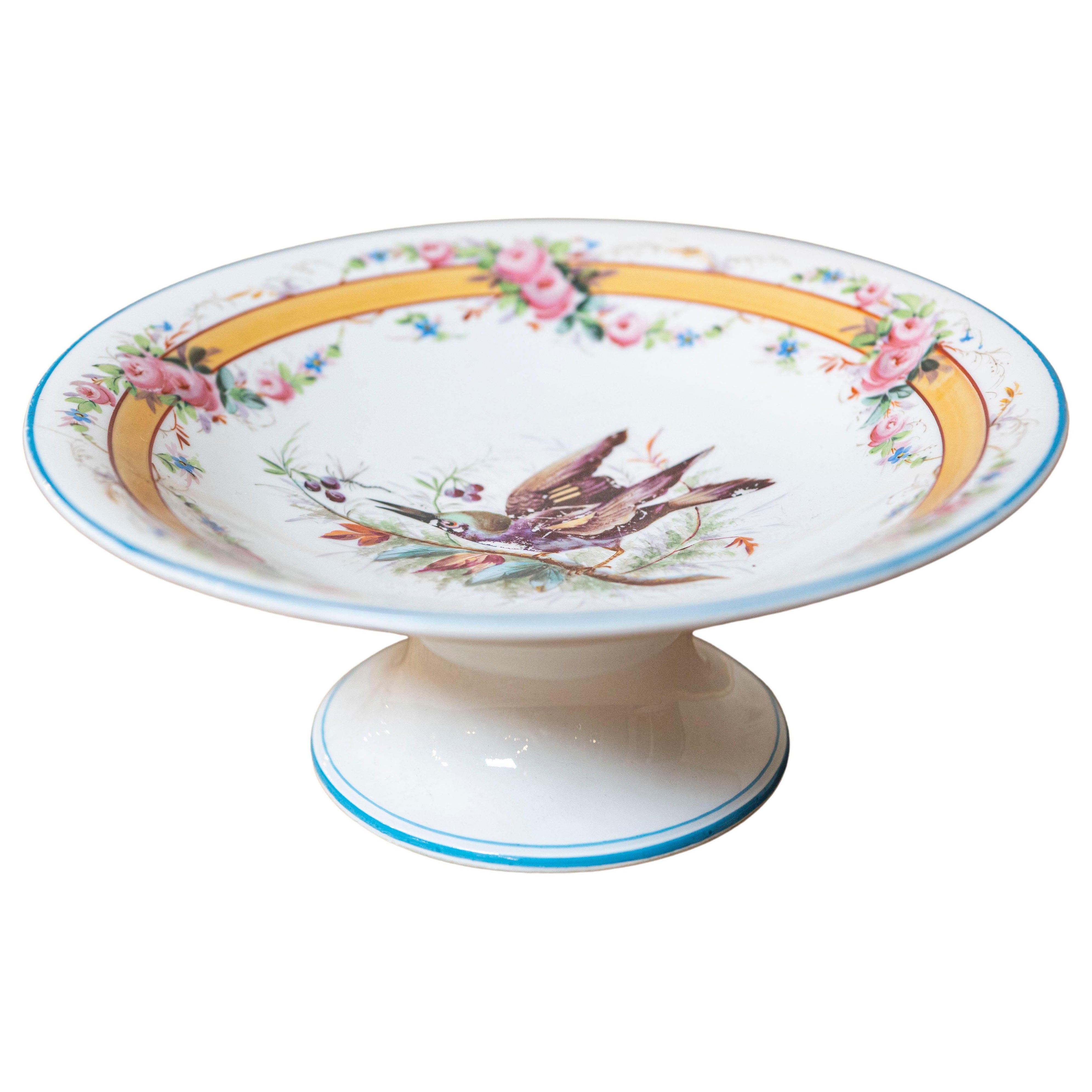 Französische, handbemalte Porzellankompotte des frühen 20. Jahrhunderts mit Vögeln und Blumenmotiv