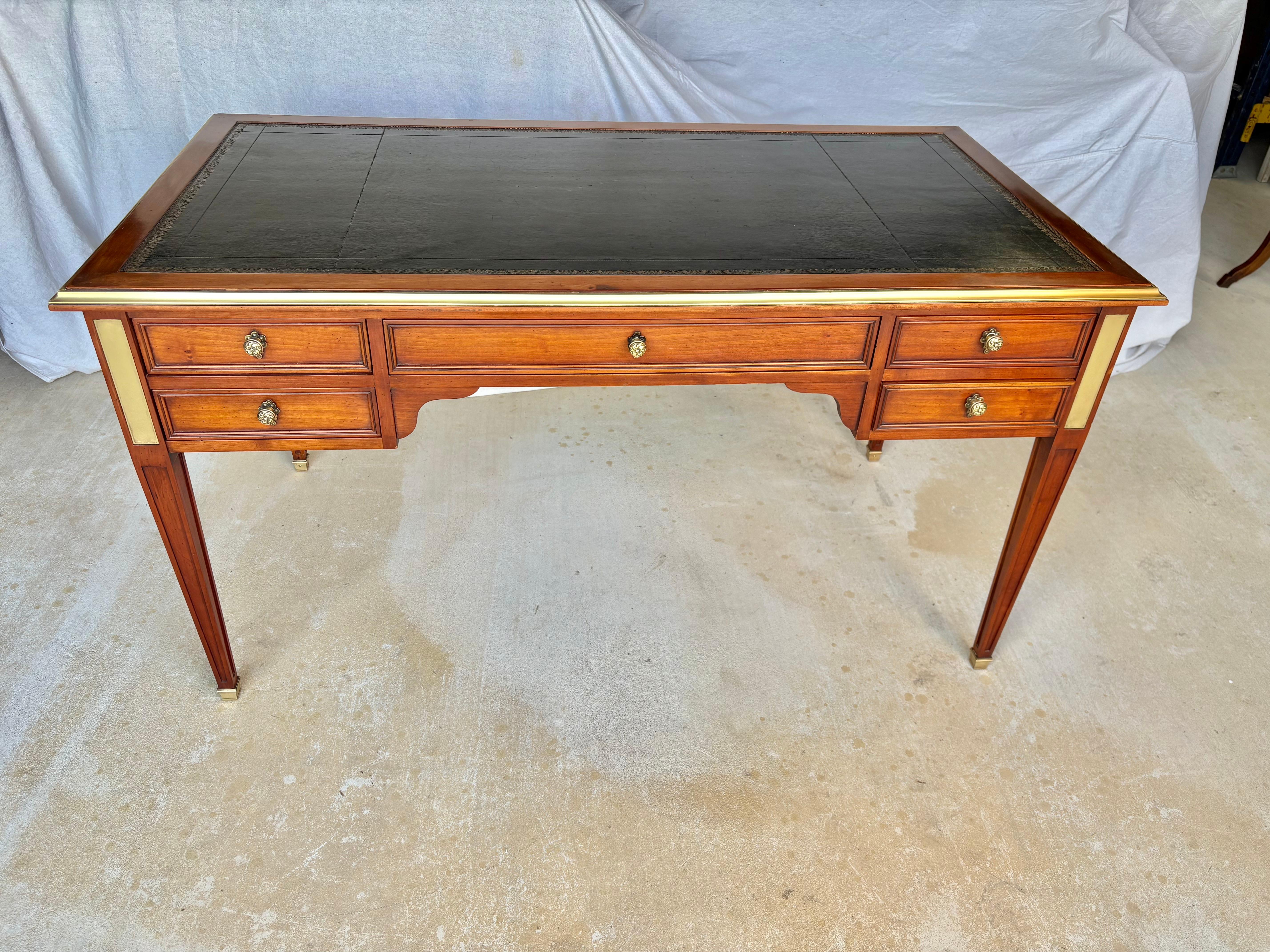 Hand-Crafted Early 20th Century French Louis XVI Cherrywood Brass and Leather Top Desk