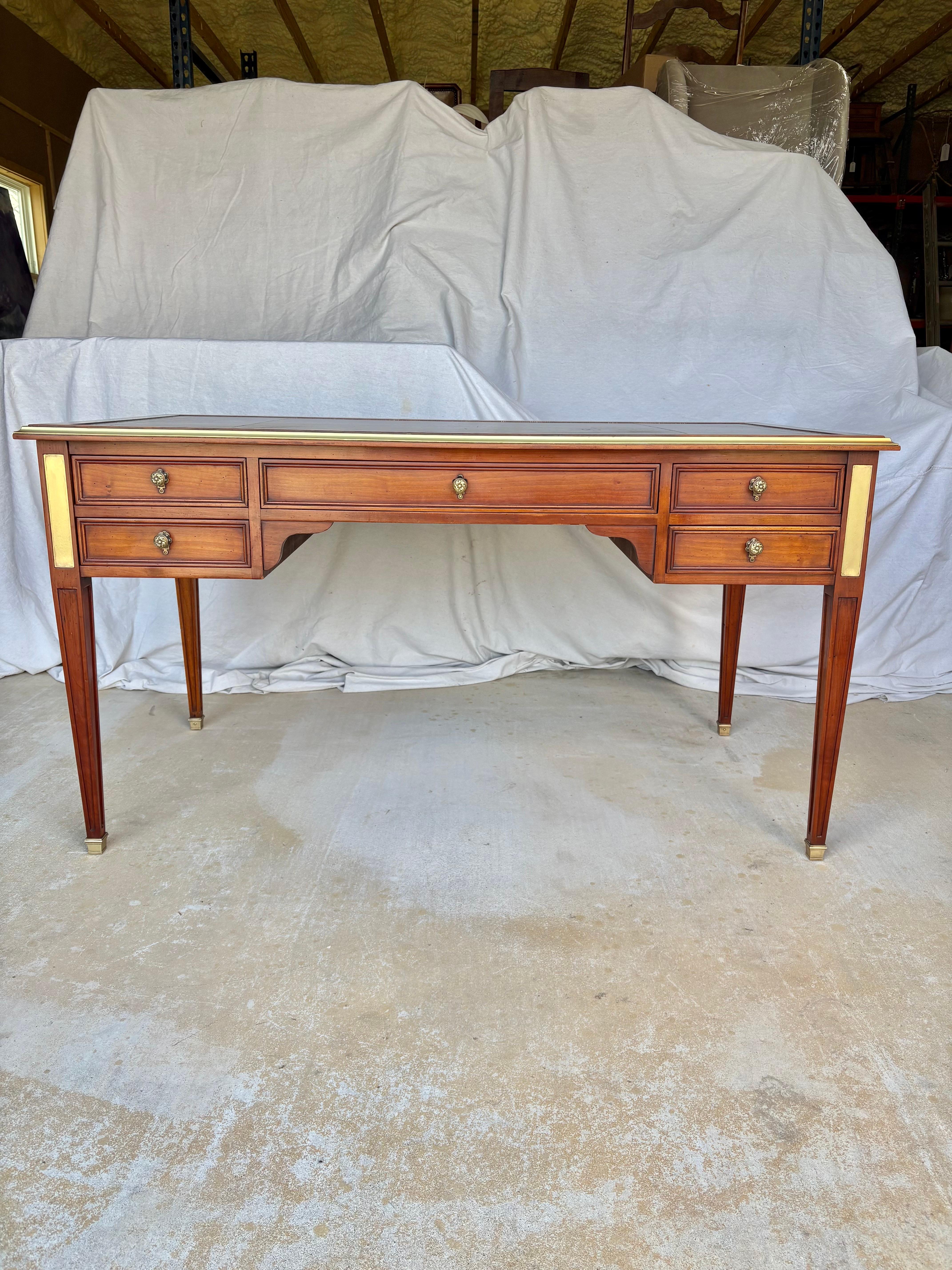 Early 20th Century French Louis XVI Cherrywood Brass and Leather Top Desk 1
