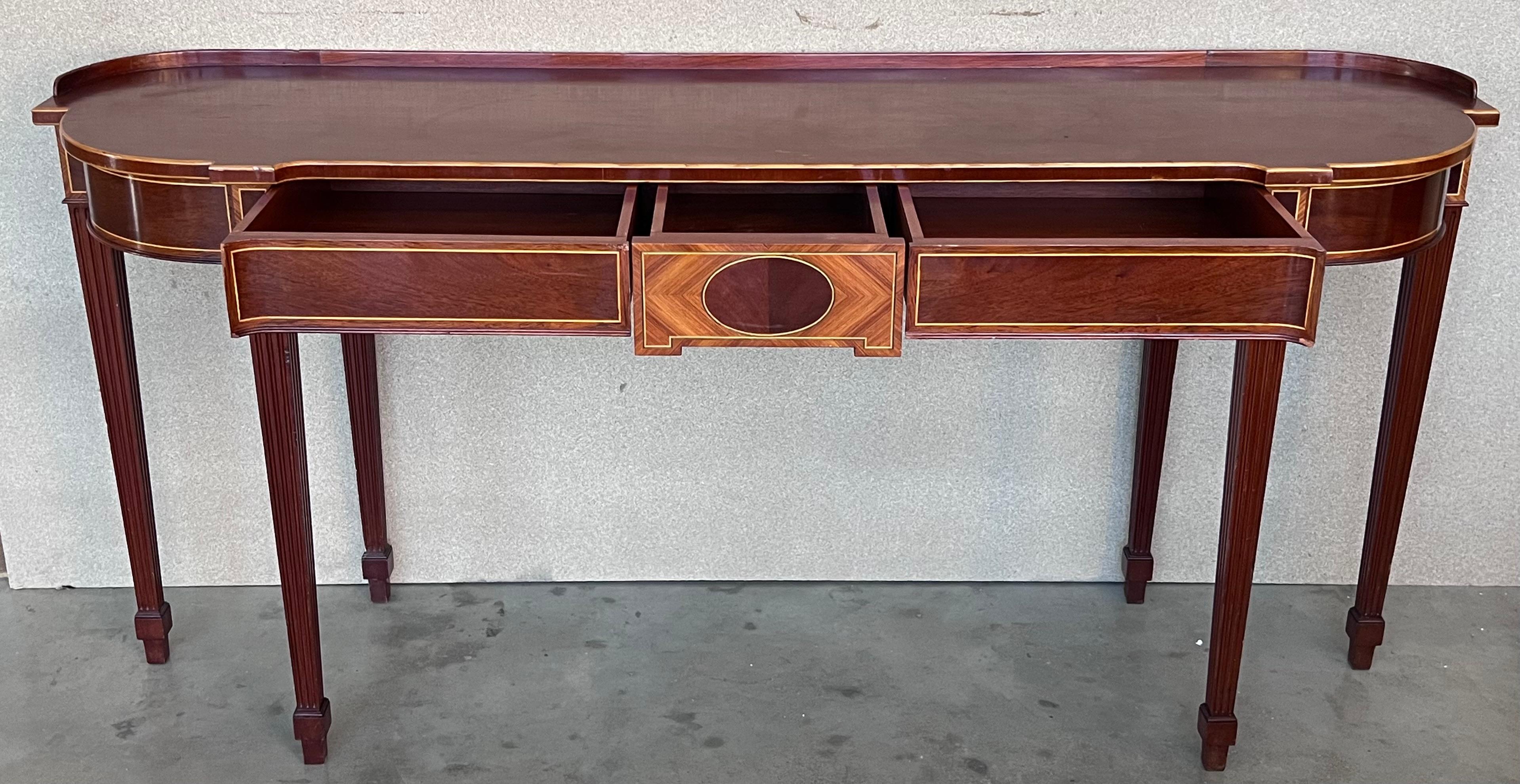 20th Century Early 20th French Oval Demilune Large Console Table with Marquetry and Drawers For Sale
