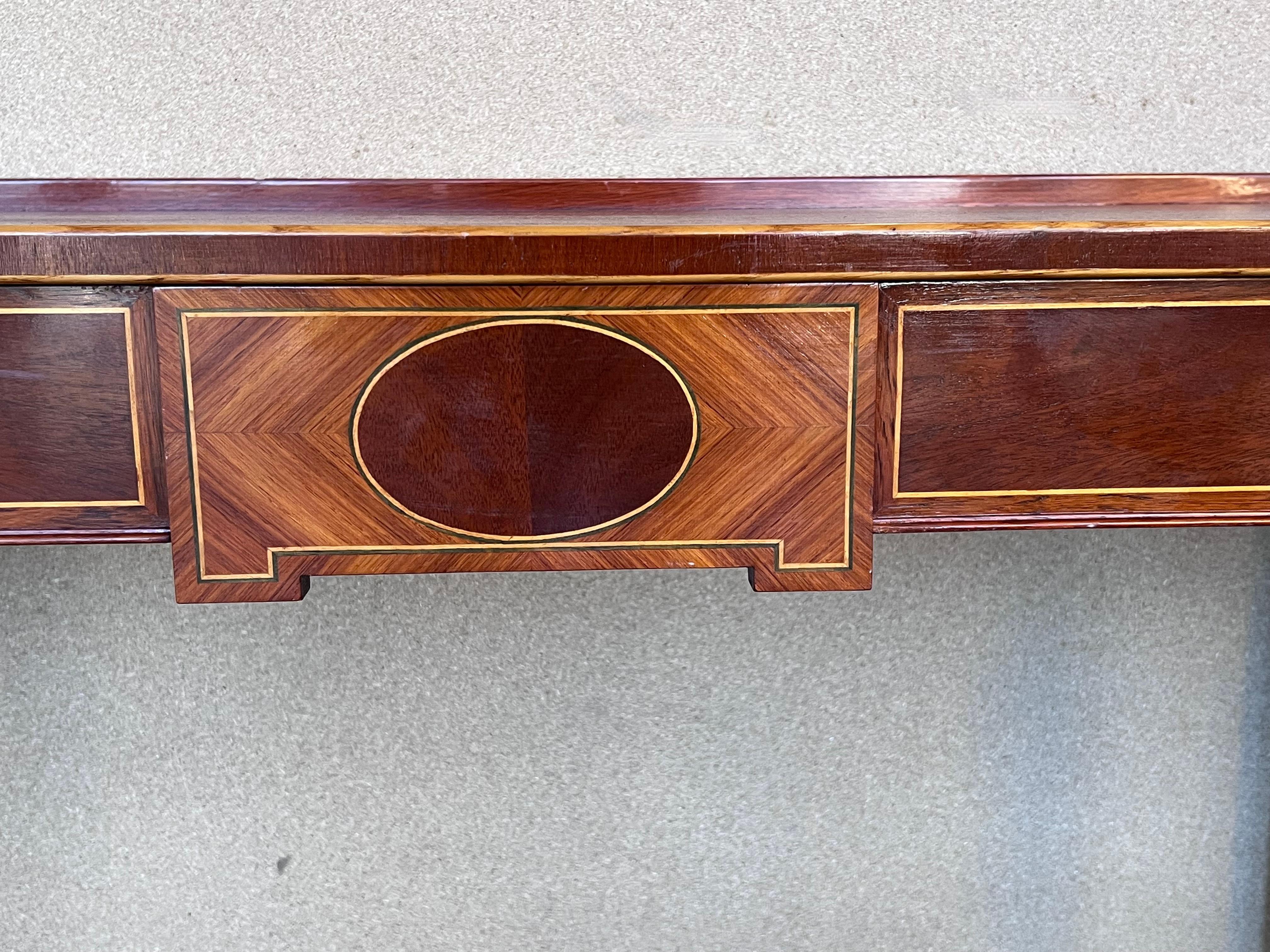 Walnut Early 20th French Oval Demilune Large Console Table with Marquetry and Drawers For Sale