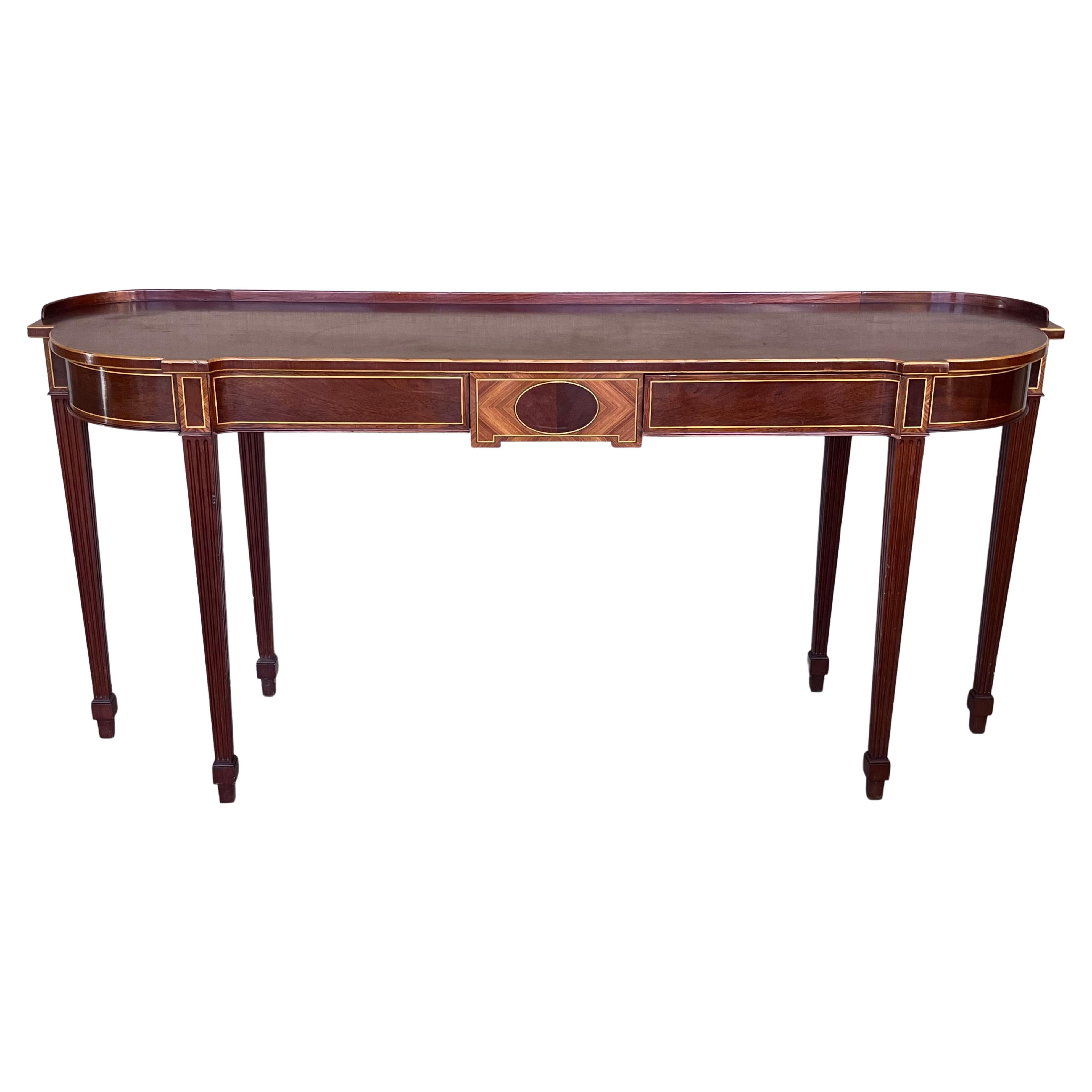 Early 20th French Oval Demilune Large Console Table with Marquetry and Drawers For Sale