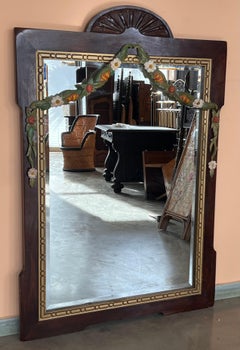 Early 20th French  Wood Wall Mirror with Painted Garland of Flowers